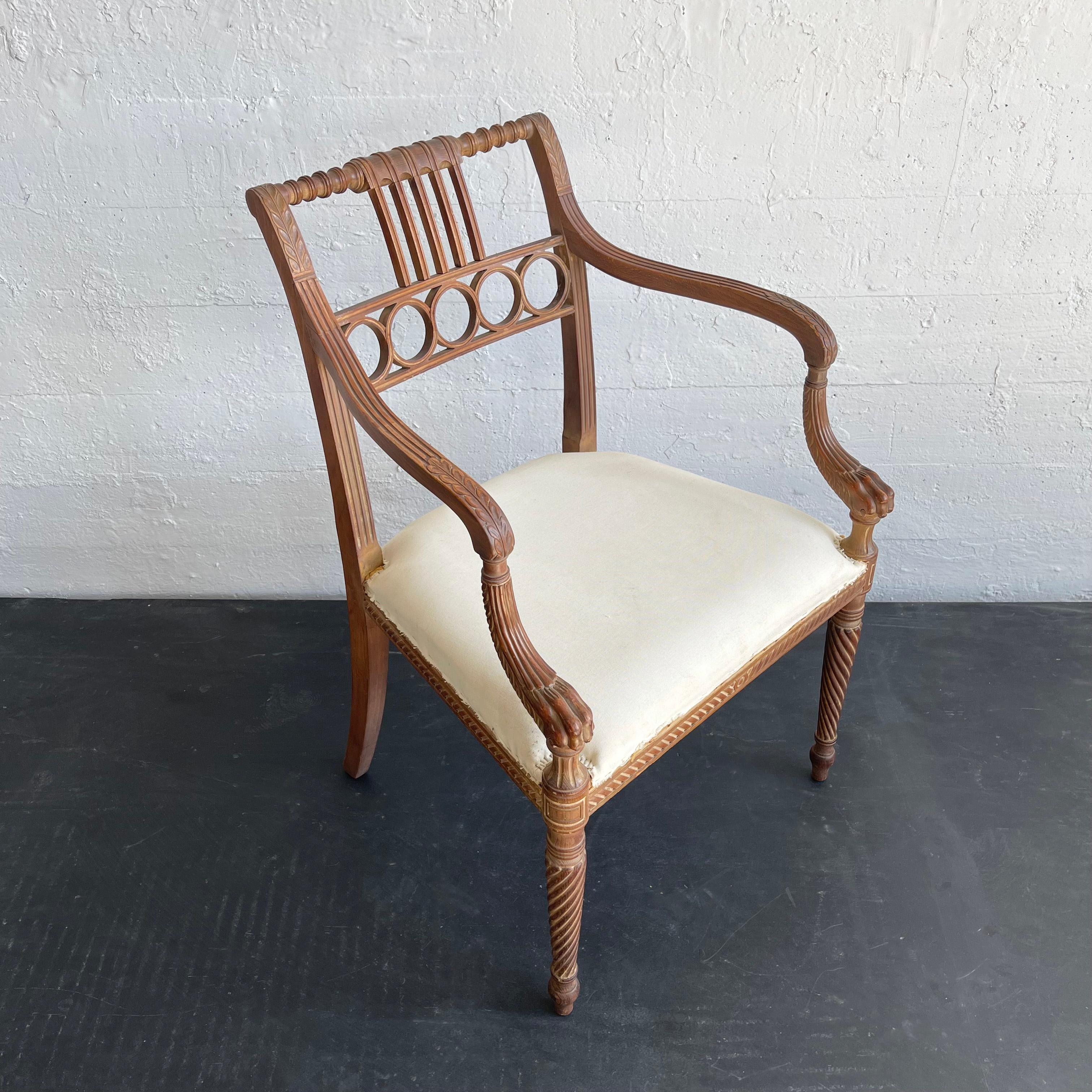 Antique, 19th century, Egyptian Revival, carved maple armchair with horsehair upholstery is a beautiful example of furniture made during America’s second wave of Egyptian Revival which hit during the 1870’s. Furniture designers sought to bring in
