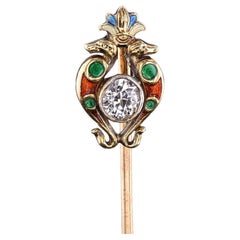 Antique Egyptian Revival Diamond and Enamel Stickpin of 14k Gold