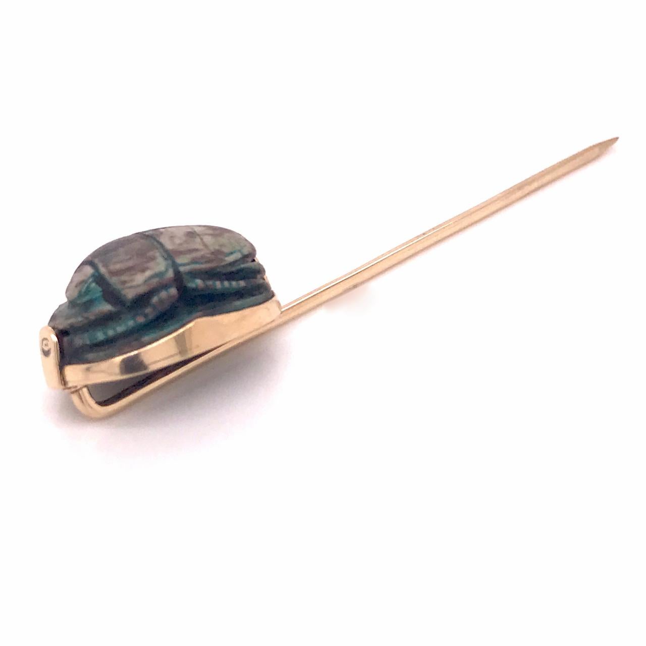 Antique Egyptian Revival Faience Scarab & 14 Karat Gold Stick Pin For Sale 2