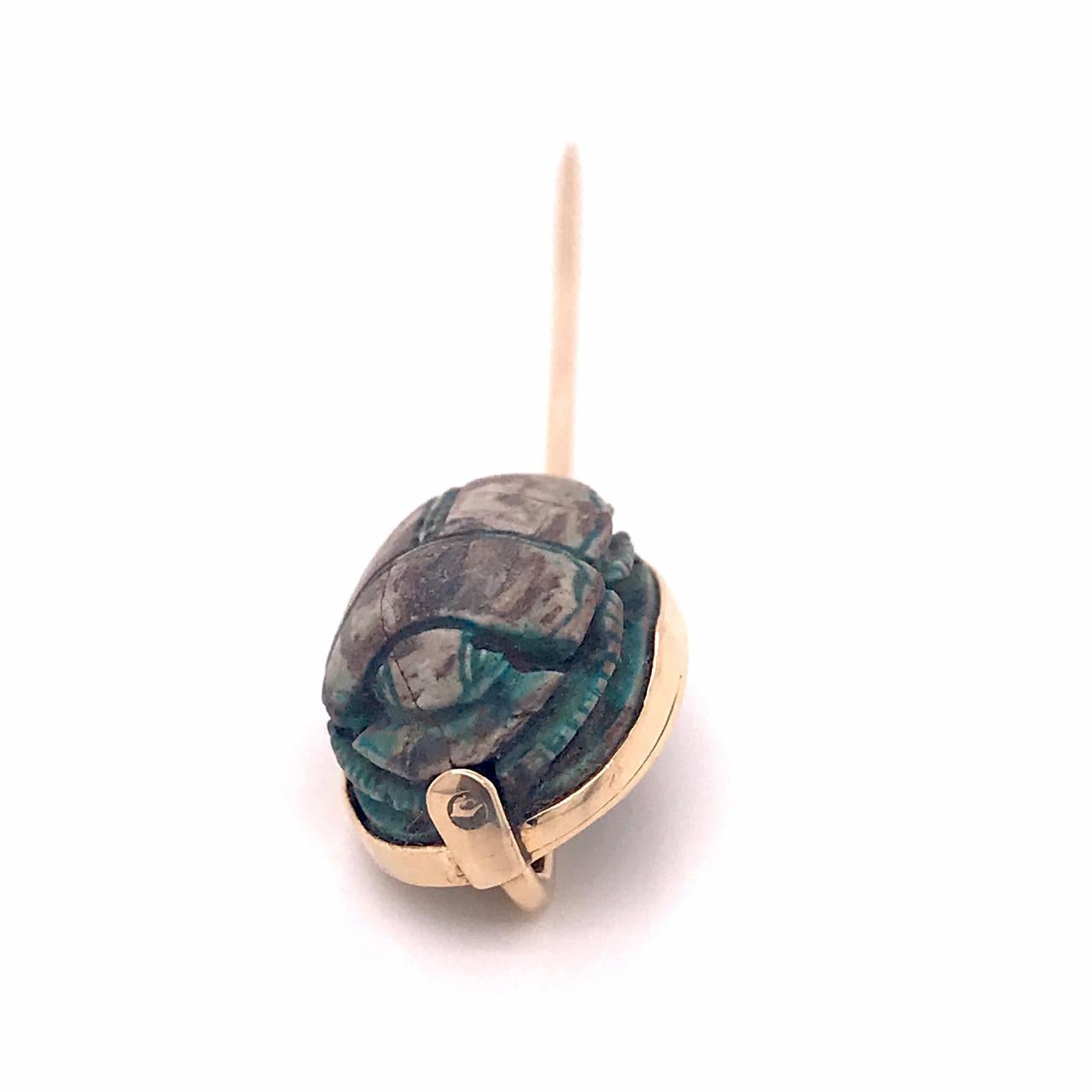 Antique Egyptian Revival Faience Scarab & 14 Karat Gold Stick Pin For Sale 3
