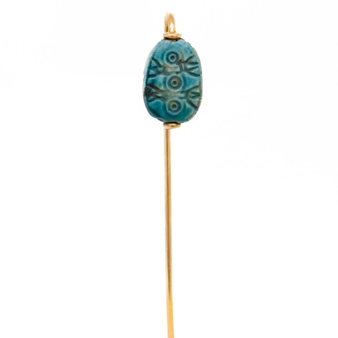 Antique Egyptian Revival Faience Scarab & 14K Gold Stick Pin In Good Condition For Sale In Philadelphia, PA