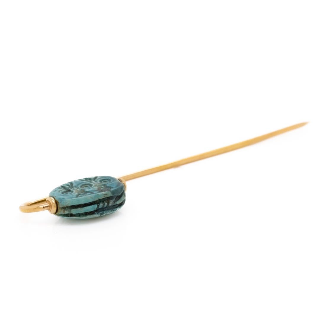 Women's or Men's Antique Egyptian Revival Faience Scarab & 14K Gold Stick Pin For Sale
