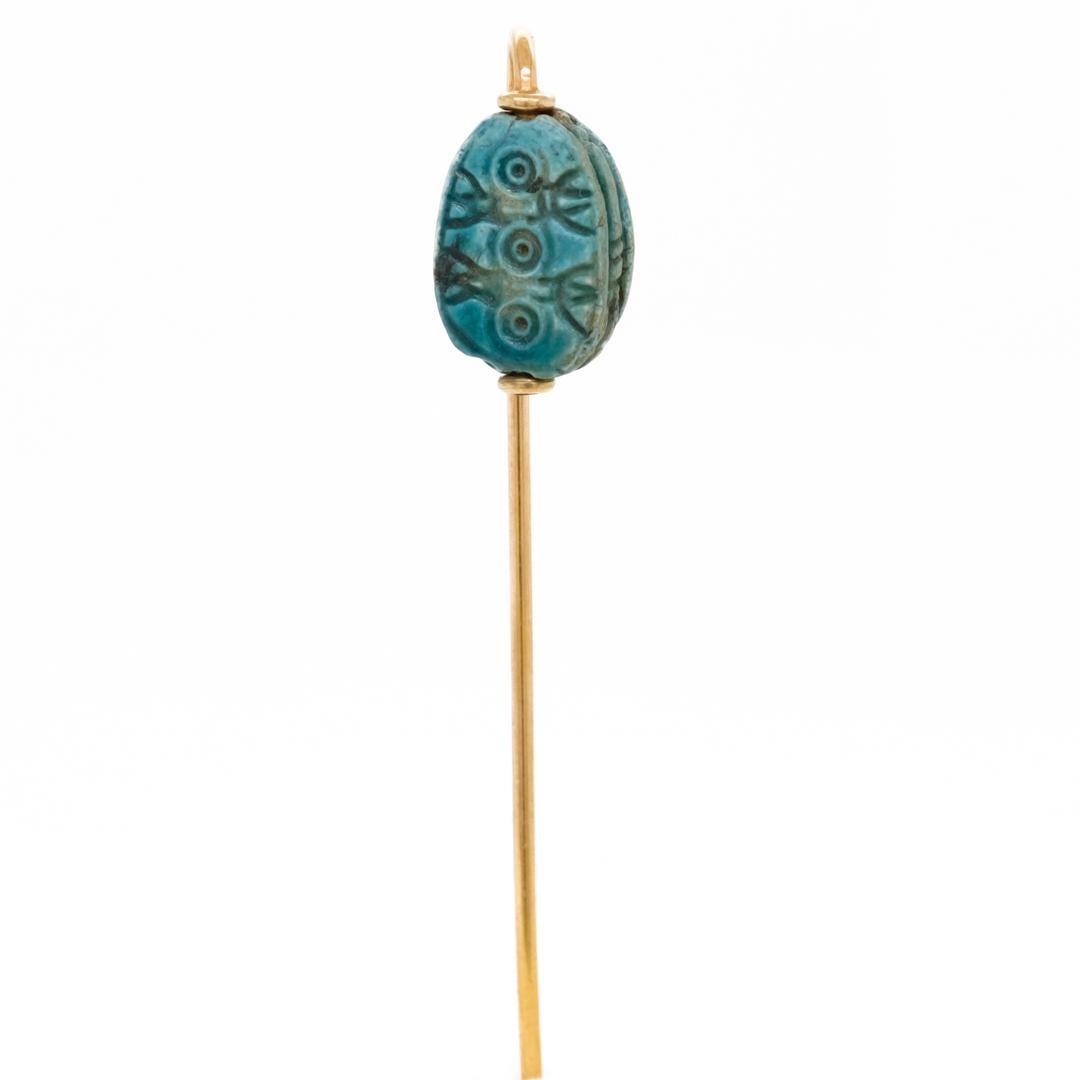 Antique Egyptian Revival Faience Scarab & 14K Gold Stick Pin For Sale 1