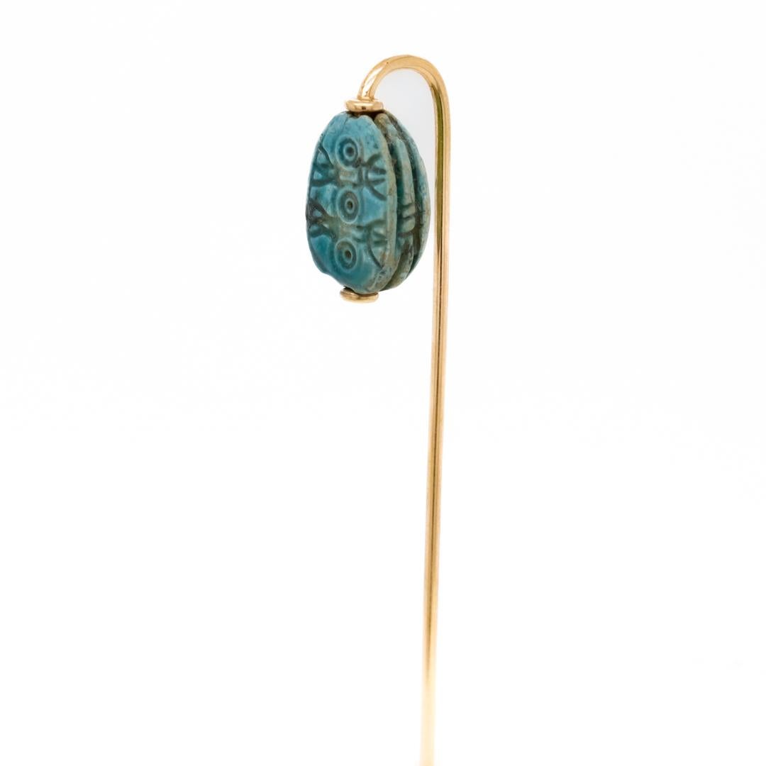 Antique Egyptian Revival Faience Scarab & 14K Gold Stick Pin For Sale 2