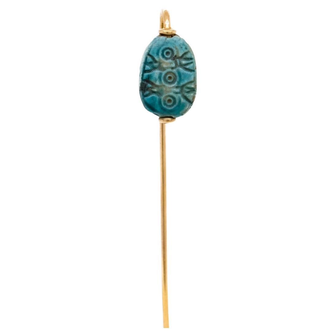 Antique Egyptian Revival Faience Scarab & 14K Gold Stick Pin For Sale