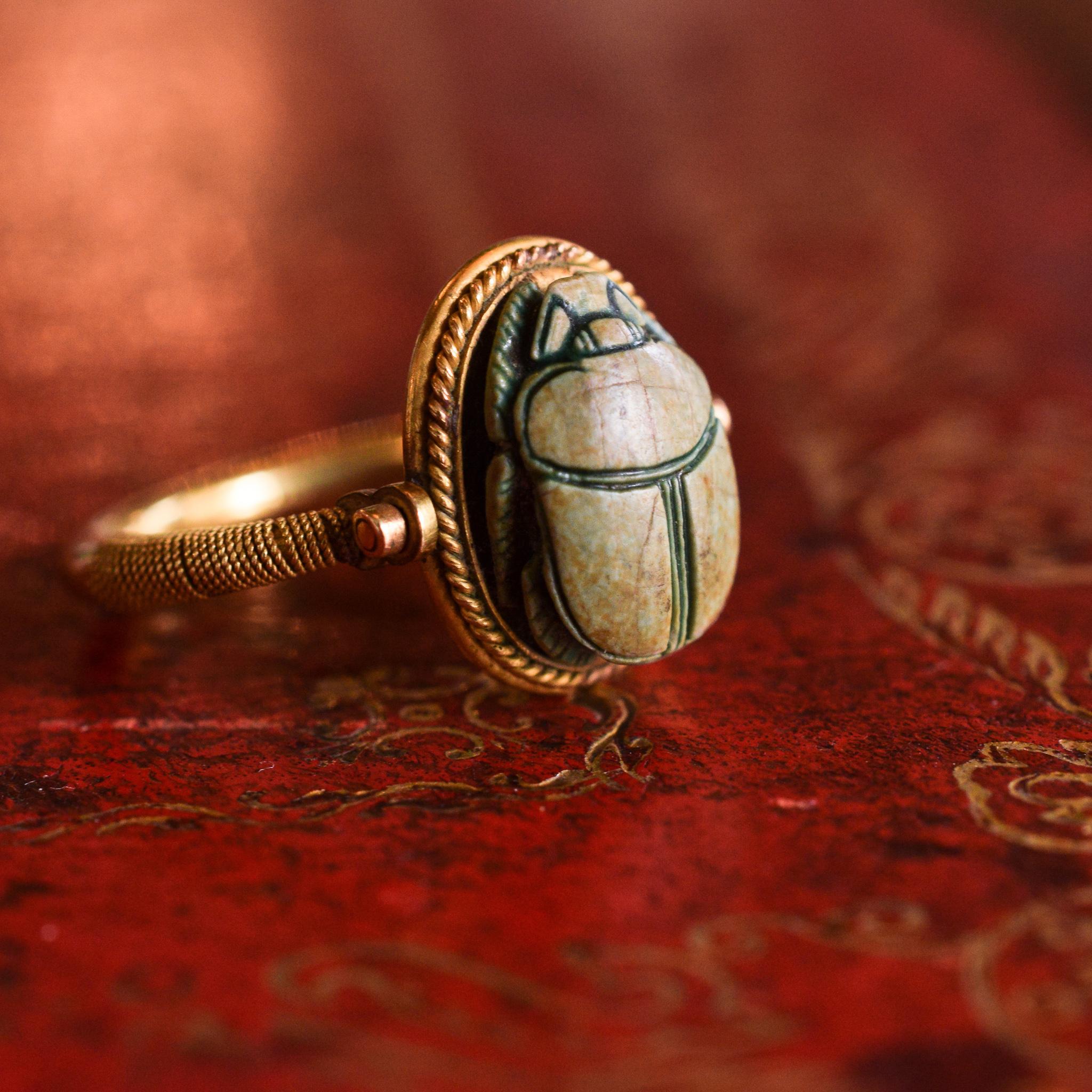 Women's or Men's Antique Egyptian Revival Faience Scarab Spinner Ring