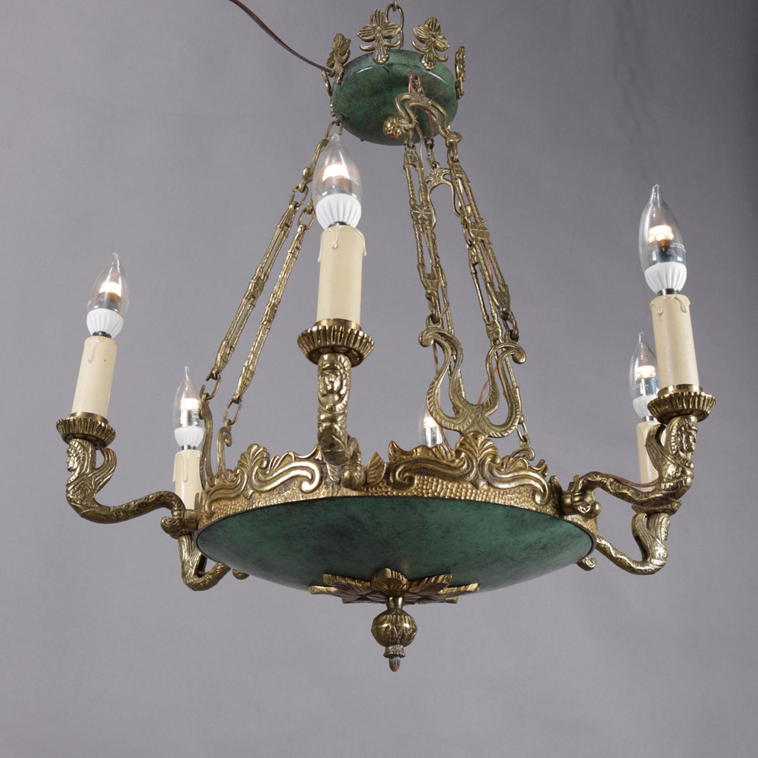 Antique Egyptian Revival Figural Bronzed & Faux Marble 6-Light Chandelier 6