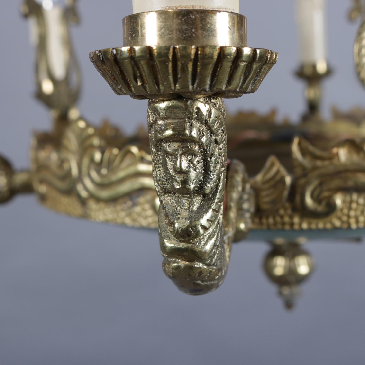 Antique Egyptian Revival Figural Bronzed & Faux Marble 6-Light Chandelier In Good Condition In Big Flats, NY