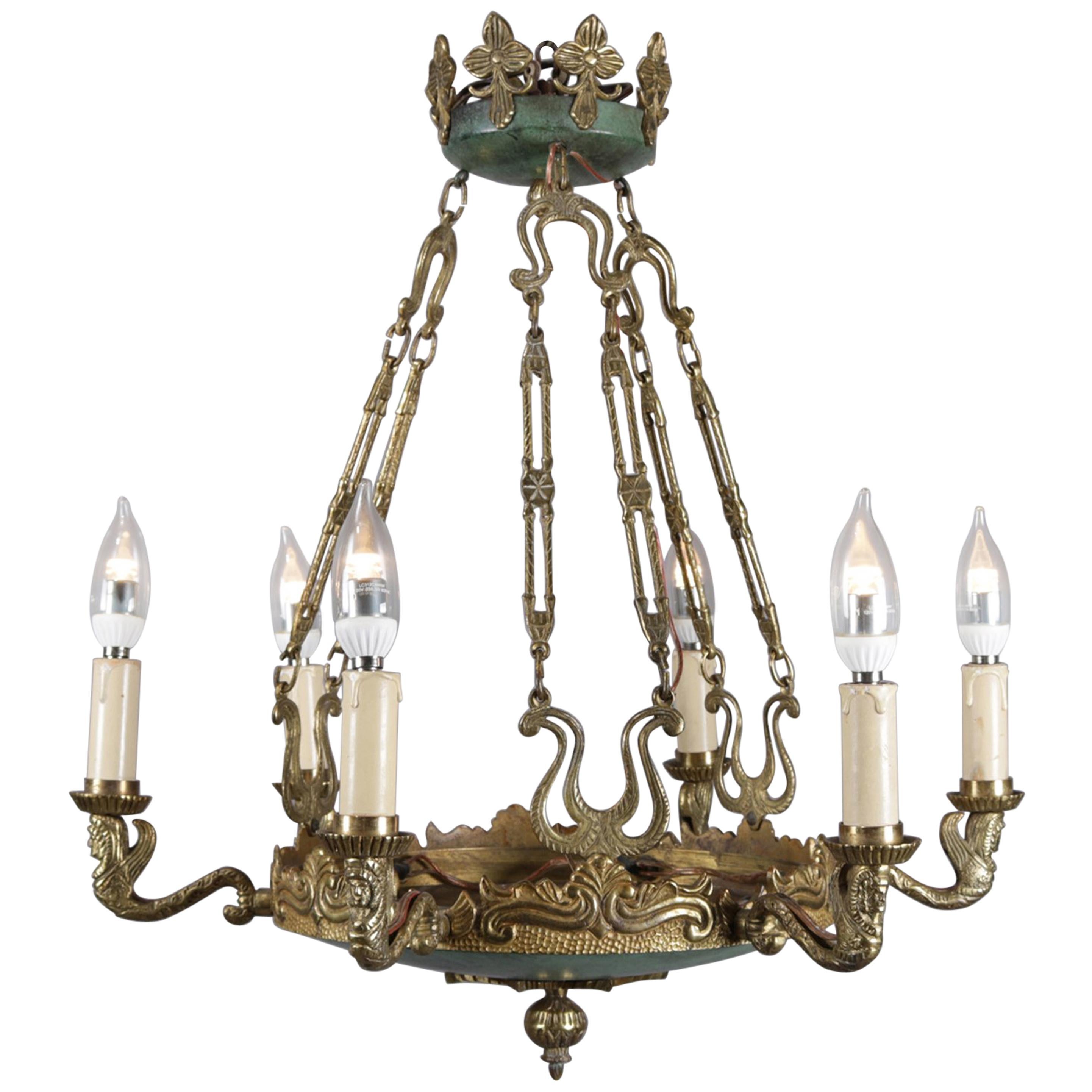 Antique Egyptian Revival Figural Bronzed & Faux Marble 6-Light Chandelier