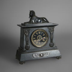 Antique Egyptian Revival Figural Slate & Bronze Sphinx Mantel Clock C1880