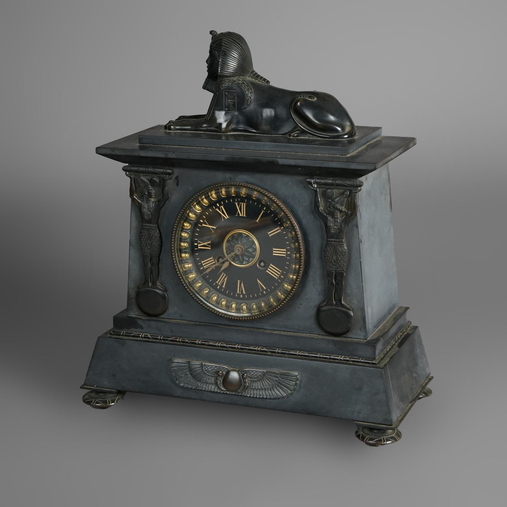 Antique Egyptian Revival Figural Slate & Bronze Sphinx Mantel Clock C1880 In Good Condition In Big Flats, NY