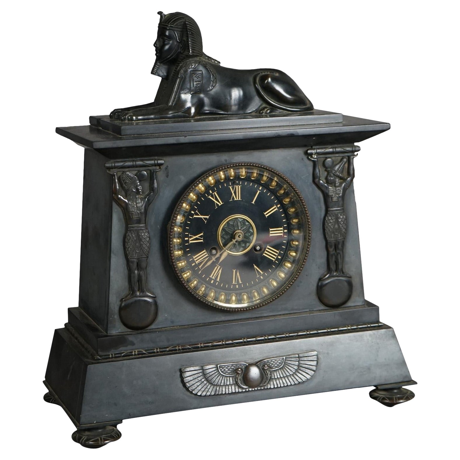 Antique Egyptian Revival Figural Slate & Bronze Sphinx Mantel Clock C1880