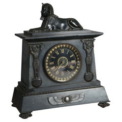 Antiguo Reloj de chimenea de Esfinge de Pizarra y Bronce del Renacimiento Egipcio C1880