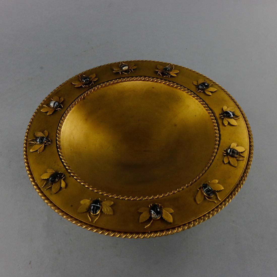 Carved Antique Egyptian Revival Gilt Bronze Tazza with Agate Scarabs, circa 1870