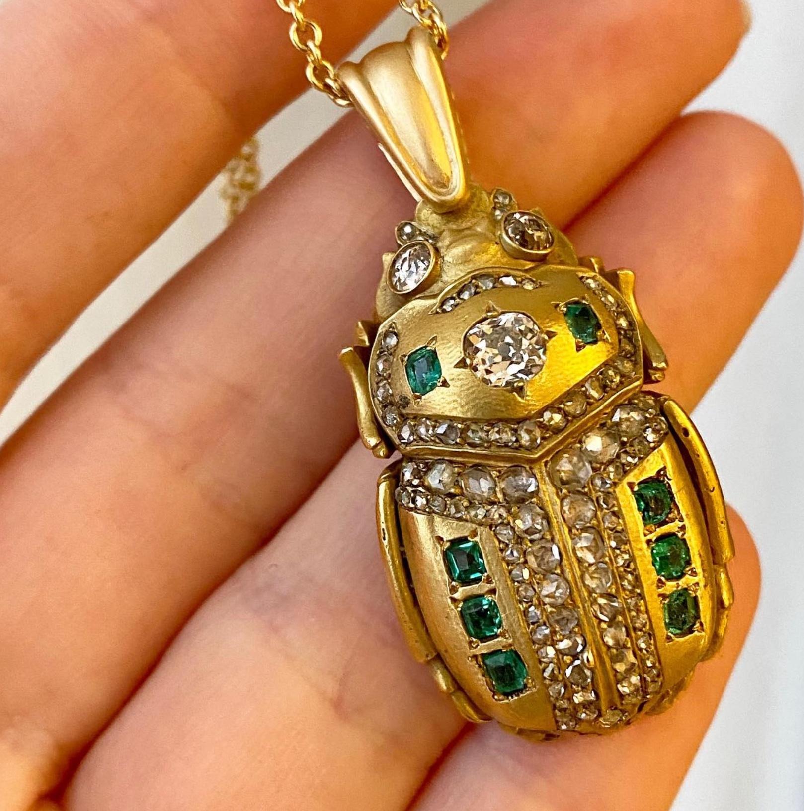 Women's or Men's Antique Egyptian Revival Gold, Emerald, and Diamond Scarab Brooch / Pendant For Sale