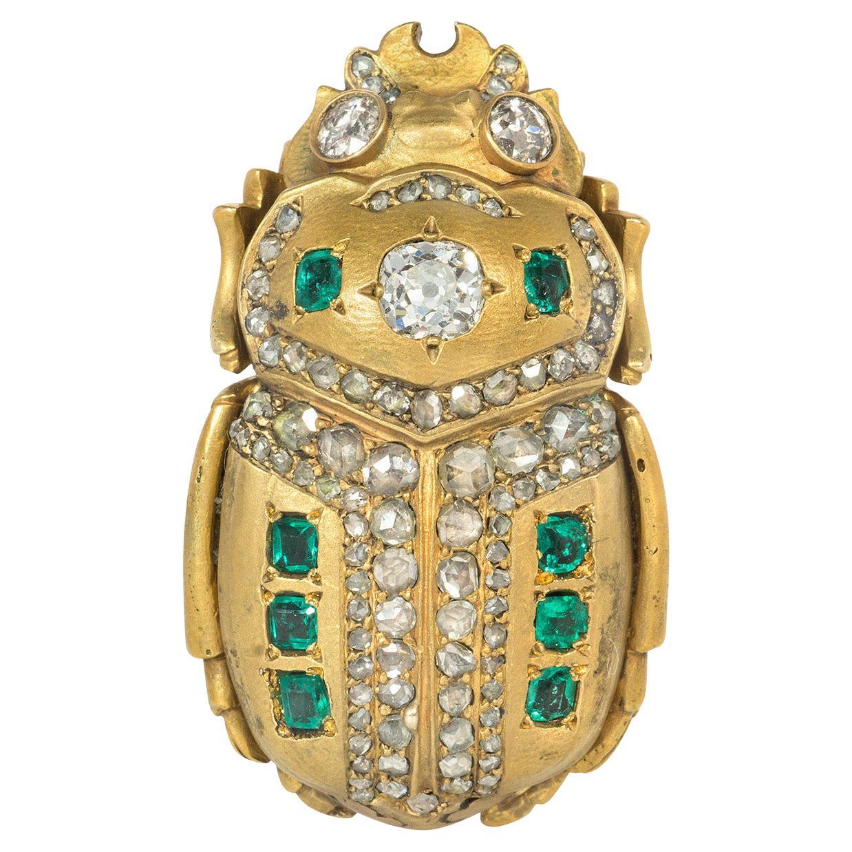 Antique Egyptian Revival Gold, Emerald, and Diamond Scarab Brooch / Pendant For Sale