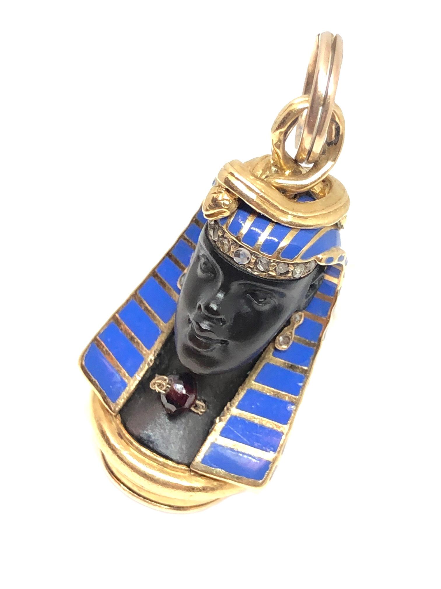 Antique Egyptian Revival Gold Enamel and Gem Set Seal Fob In Excellent Condition In Chicago, IL