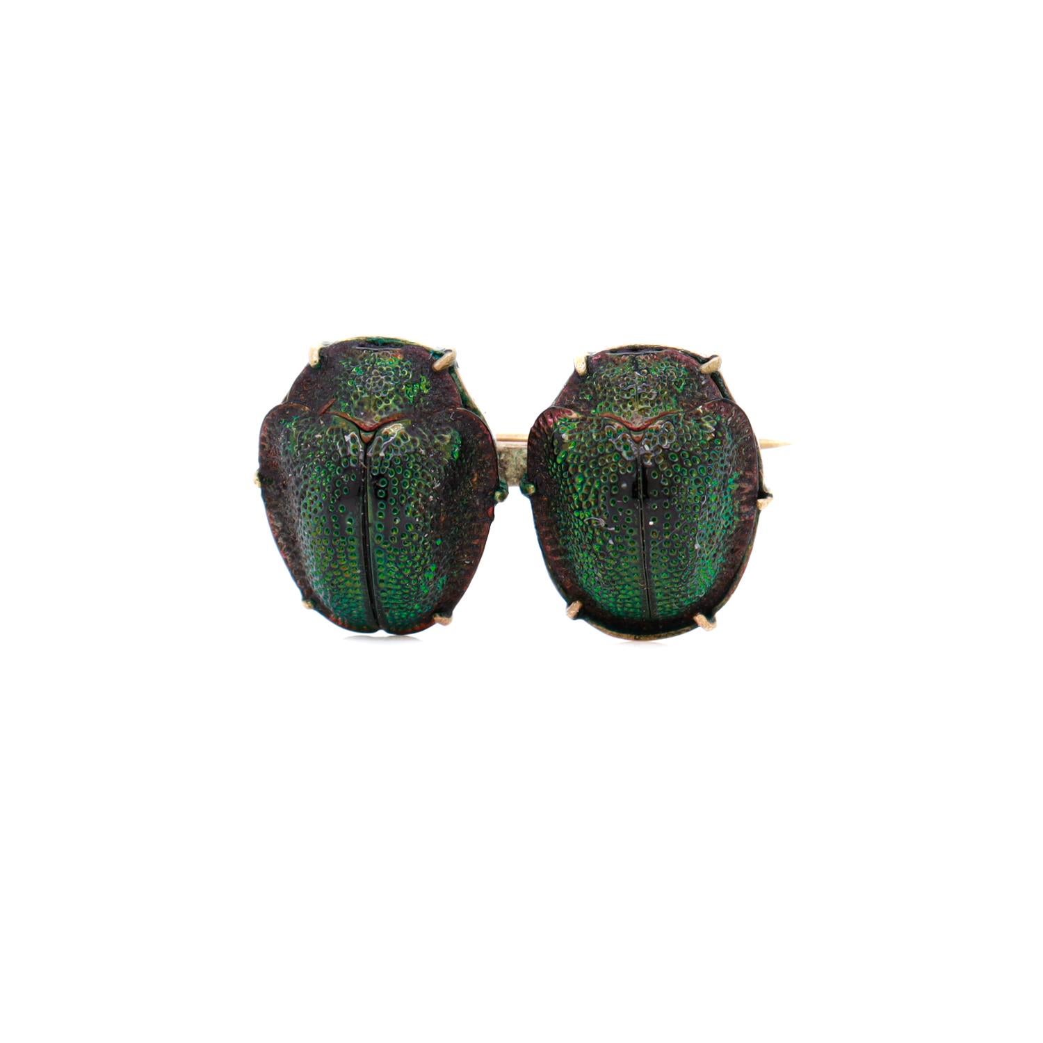 Antique Egyptian Revival Gold Filled Scarab Brooch with Real Beetle Shells For Sale 3