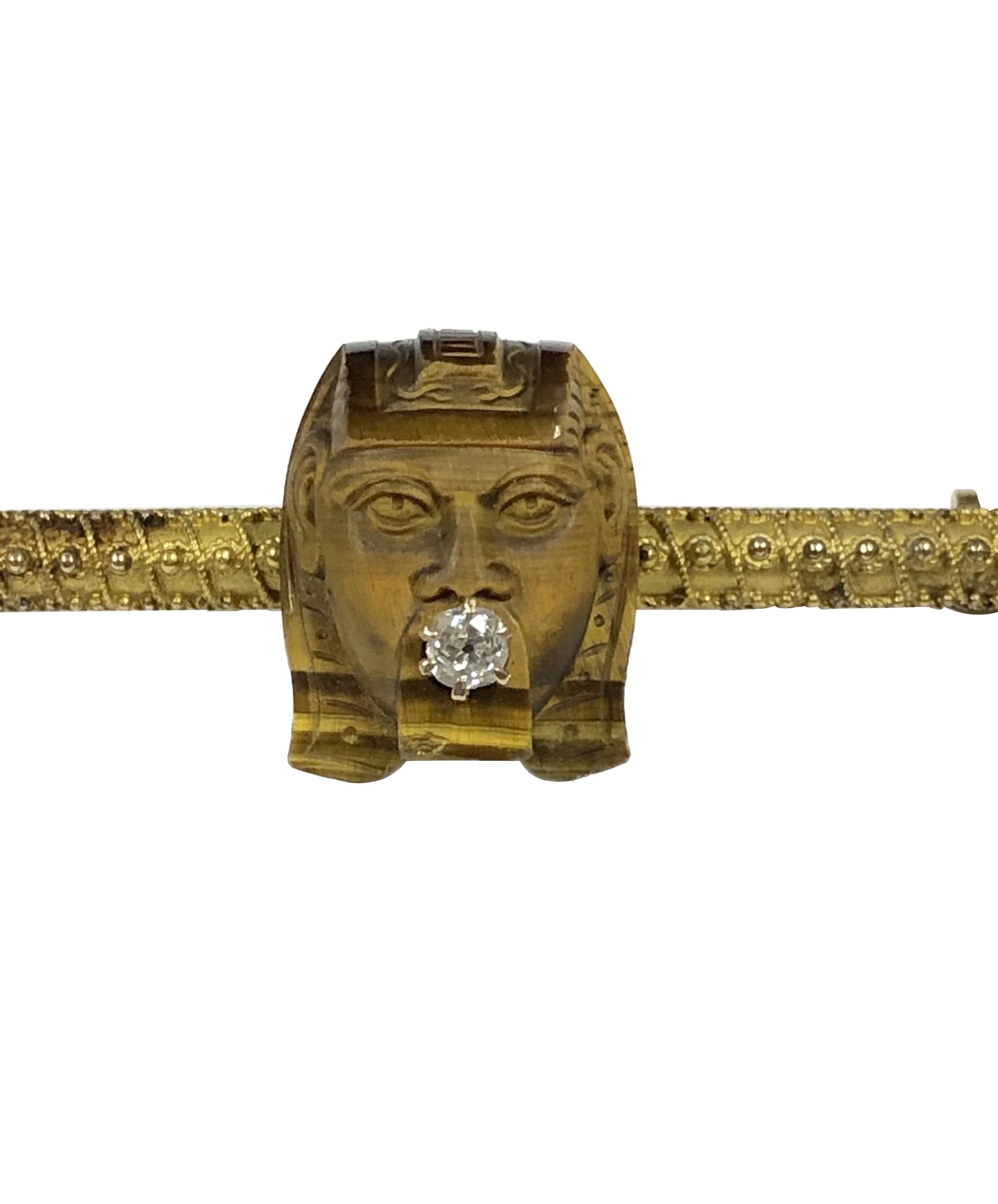 Women's or Men's Antique Egyptian Revival Gold Tigers Eye Diamond Sphinx Head Brooch For Sale