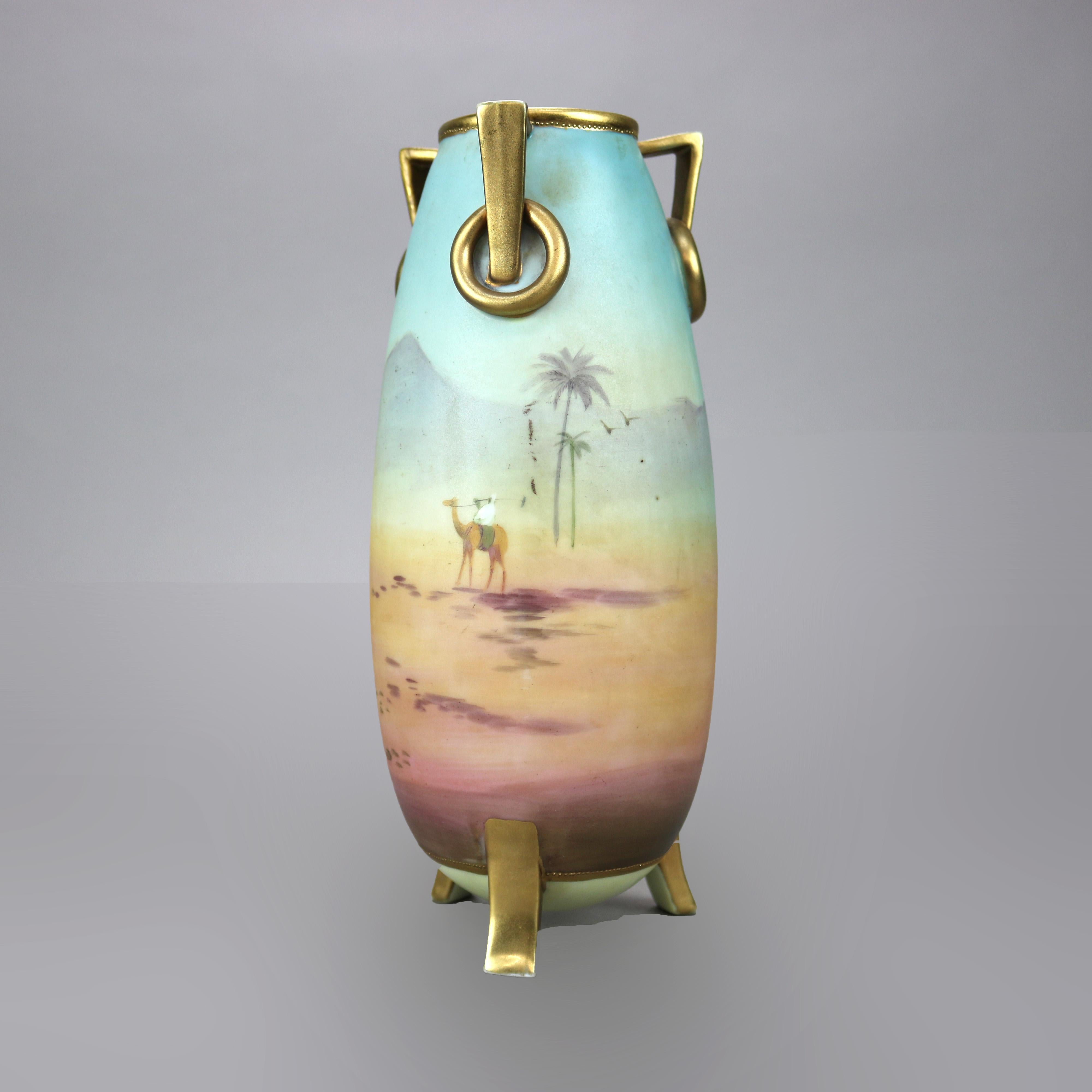 Gilt Antique Egyptian Revival Hand Painted Nippon Porcelain Footed Vase, c1900