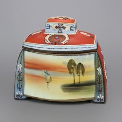 Antique Egyptian Revival Japanese Nippon Porcelain Humidor with Moriage, c1920