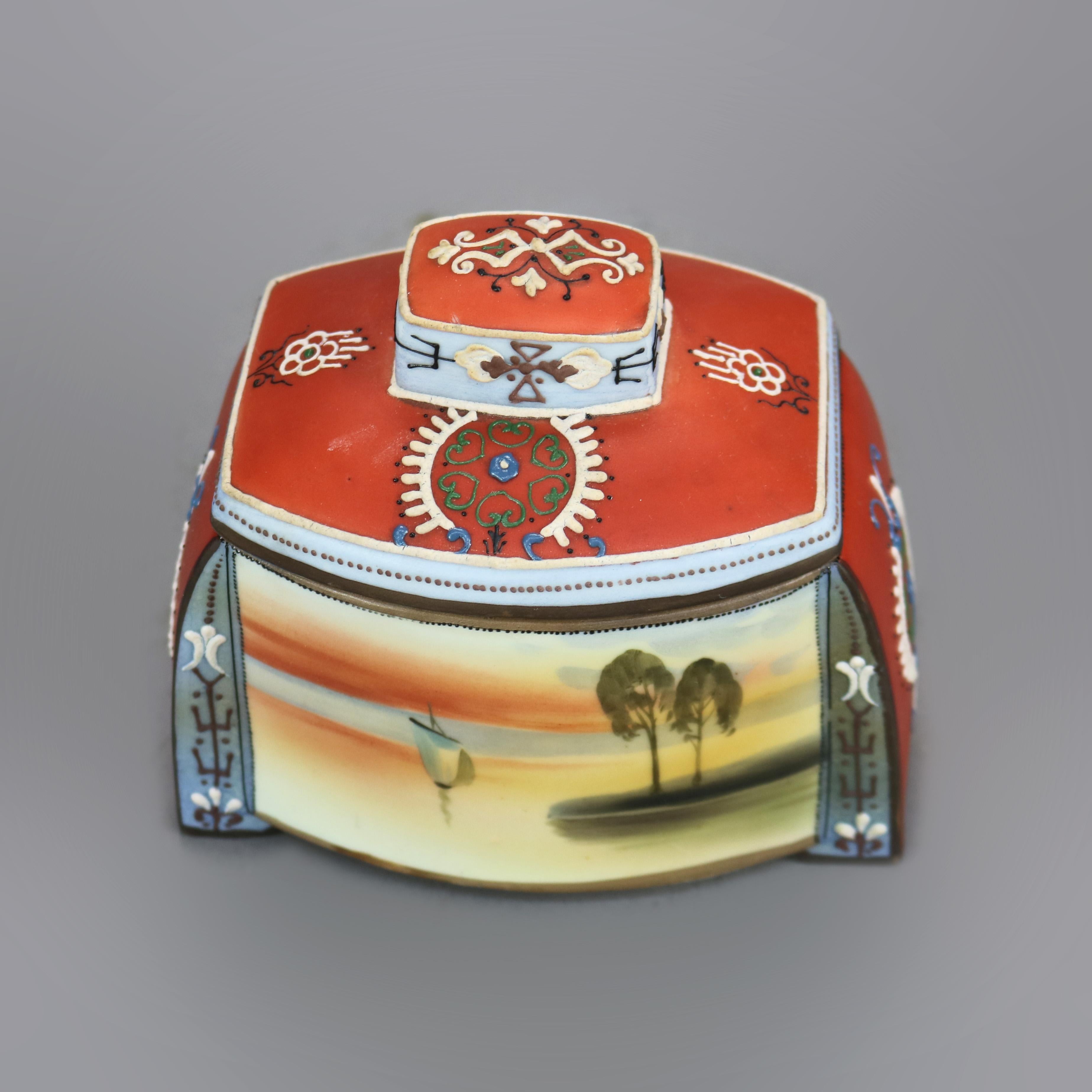 Hand-Painted Antique Egyptian Revival Japanese Nippon Porcelain Humidor with Moriage, c1920