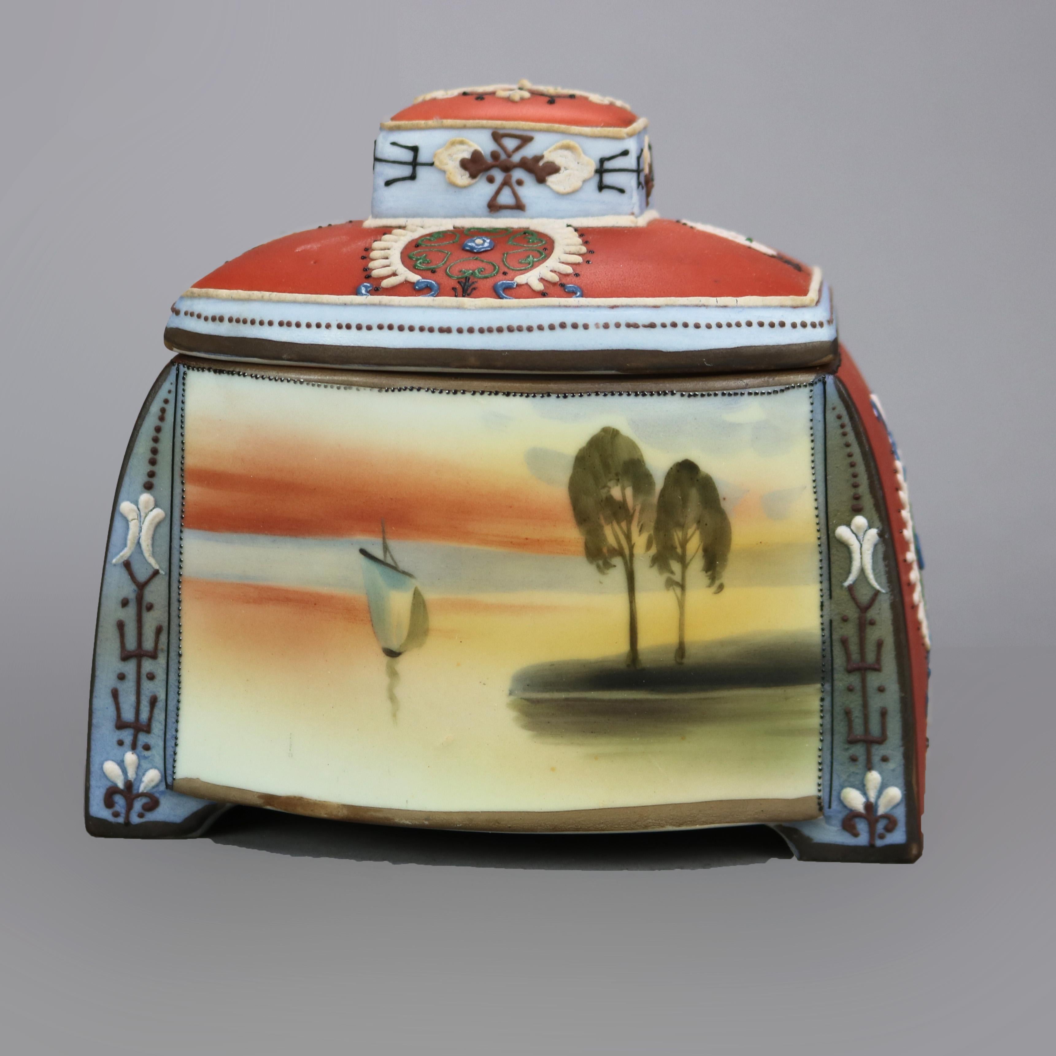 Antique Egyptian Revival Japanese Nippon Porcelain Humidor with Moriage, c1920 In Good Condition In Big Flats, NY