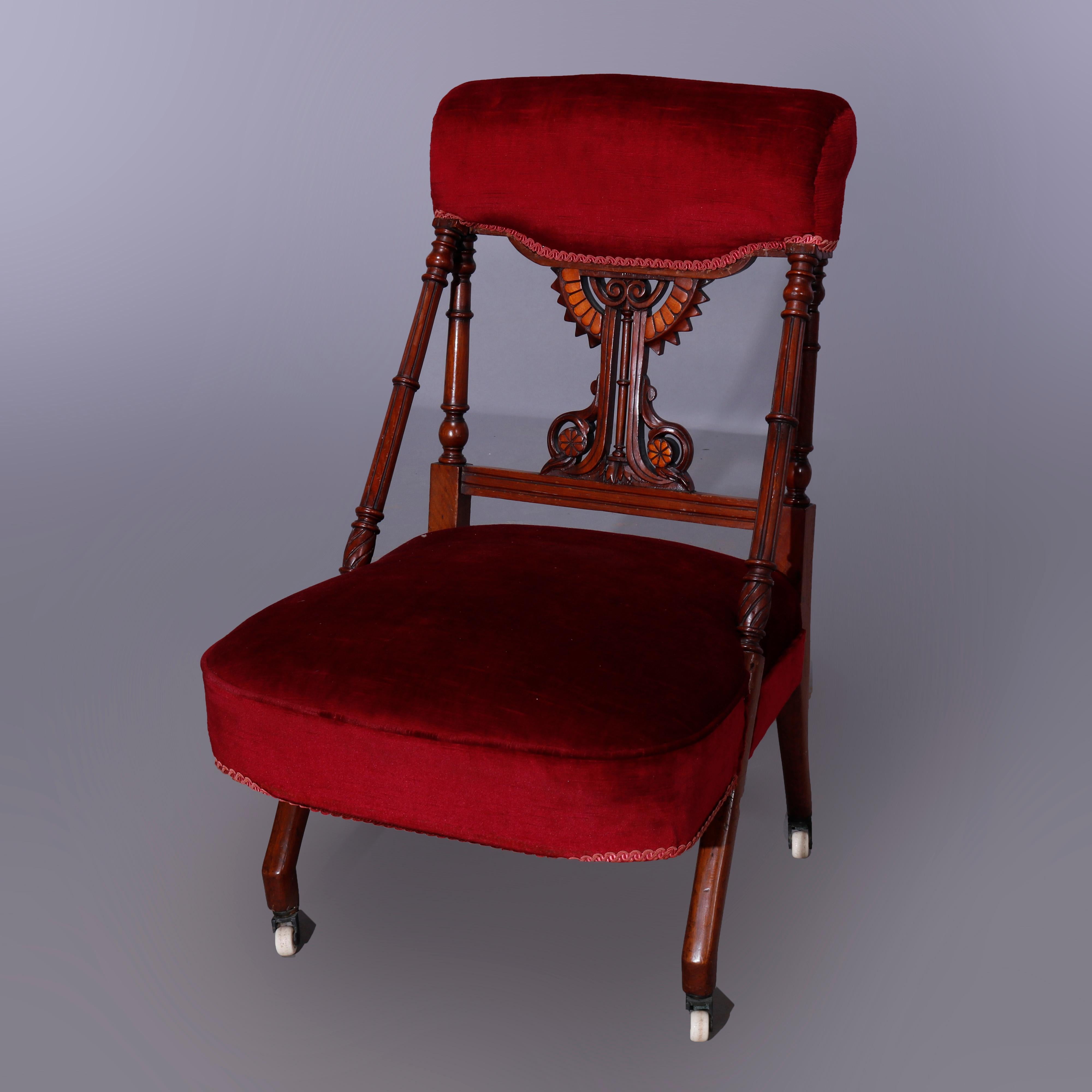 Carved Antique Egyptian Revival Kimble & Cabus School Walnut Slipper Chair, c1870