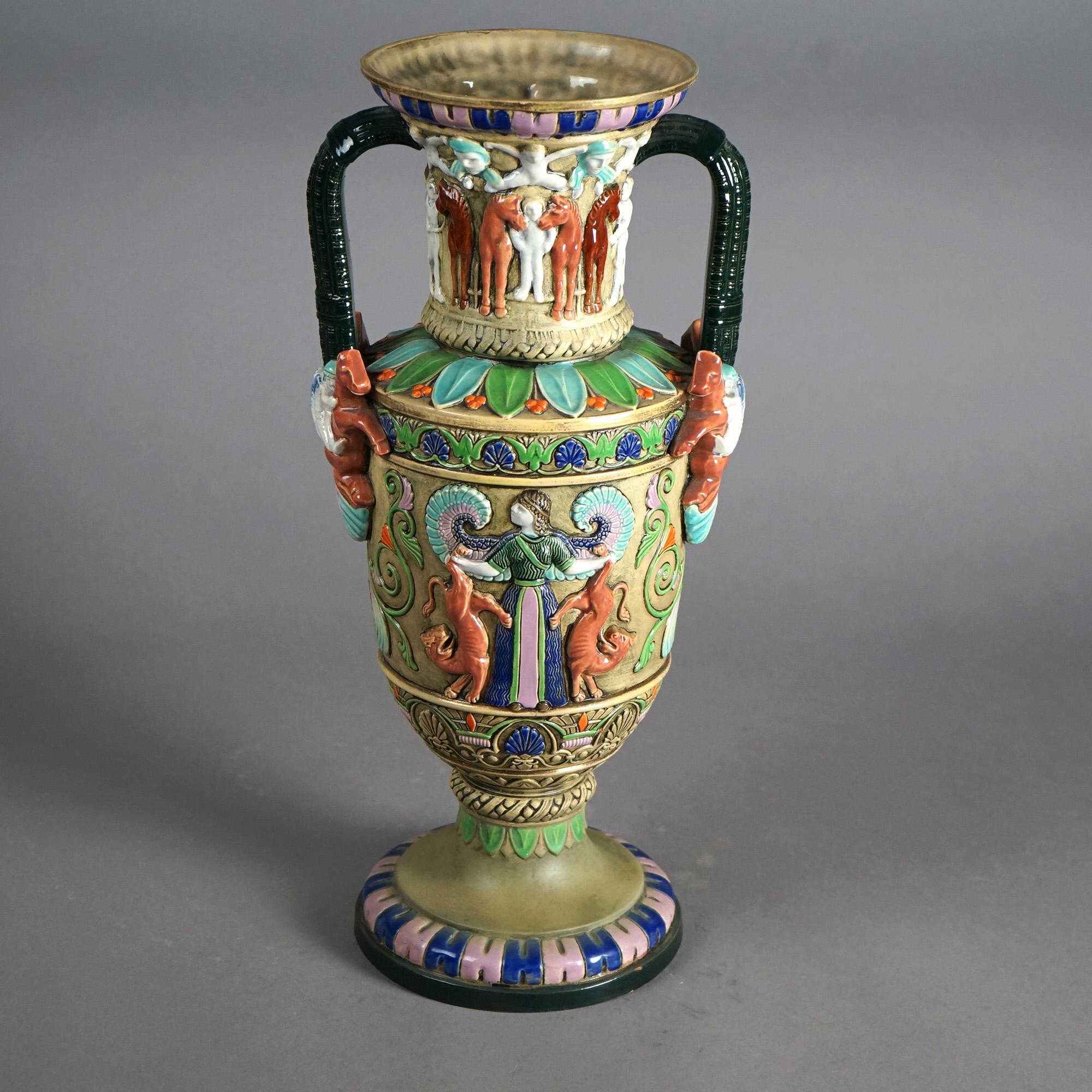 Czech Antique Egyptian Revival Majolica Amphora Teplitz Pottery Vase C1910