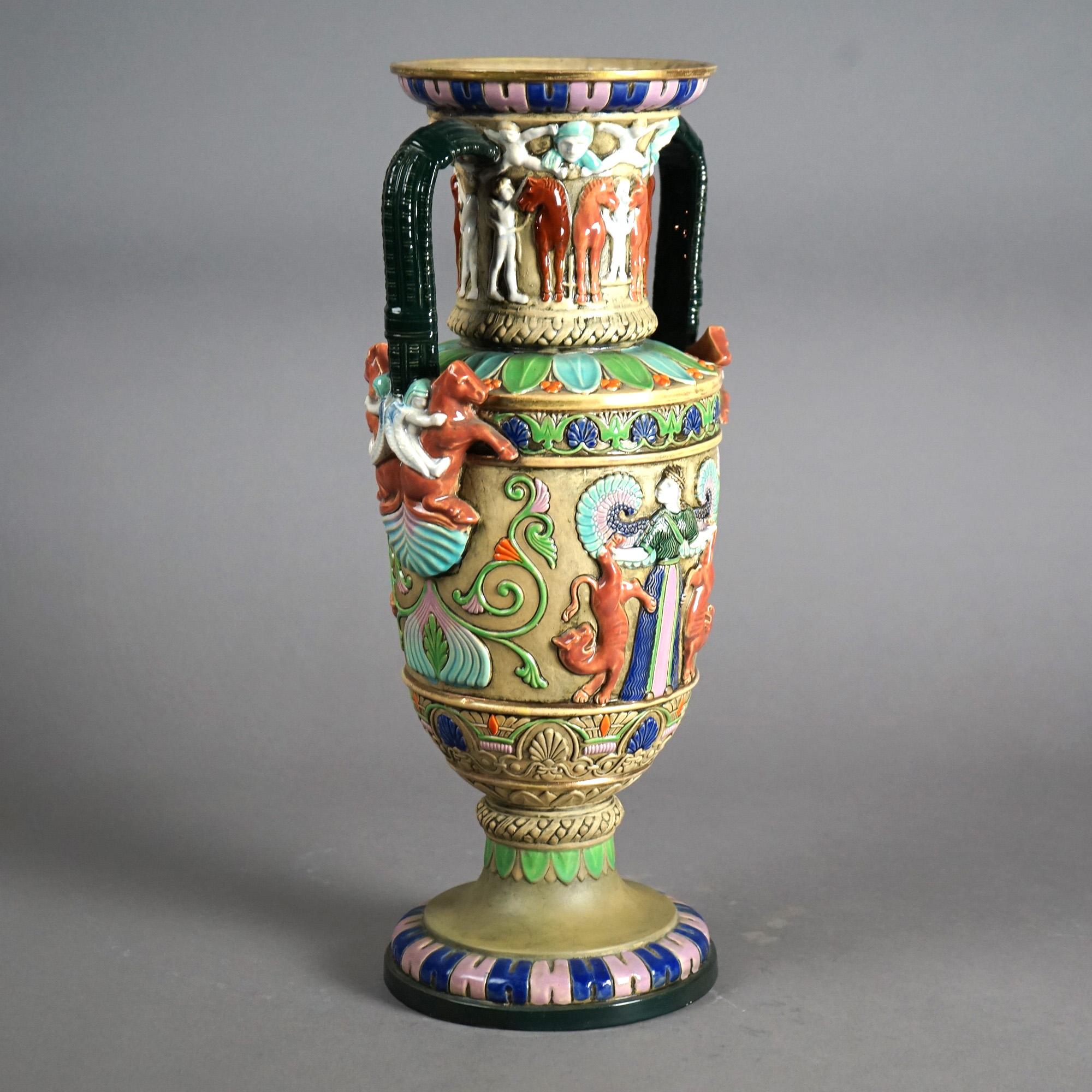 20th Century Antique Egyptian Revival Majolica Amphora Teplitz Pottery Vase C1910