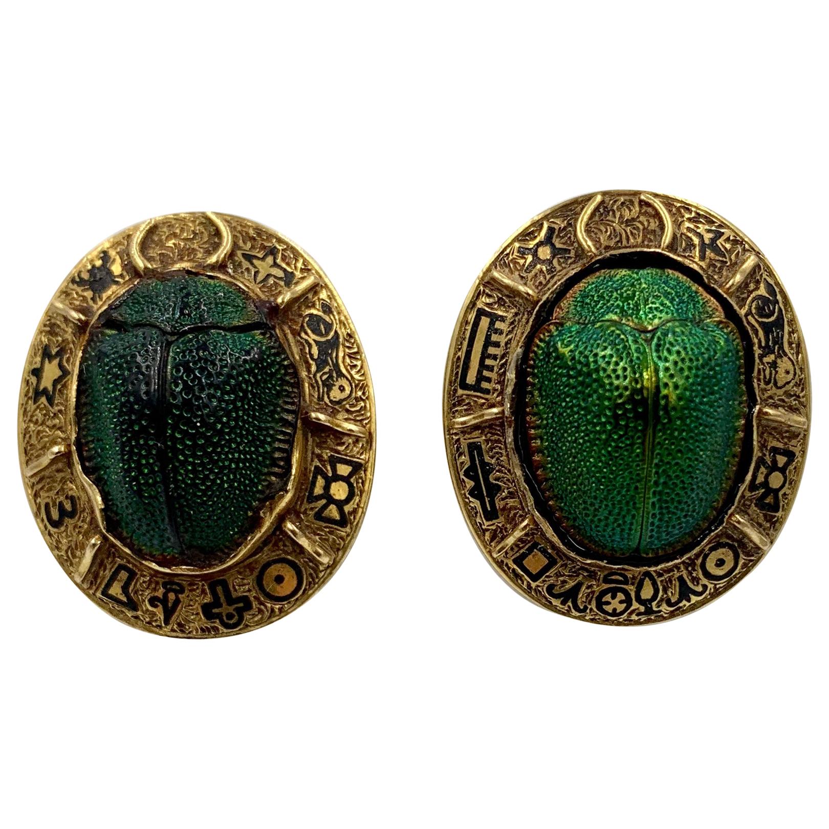 Antique Egyptian Revival Natural Scarab Earrings Enamel 14 Karat Gold