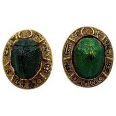 Antique Egyptian Revival Natural Scarab Earrings Enamel 14 Karat Gold