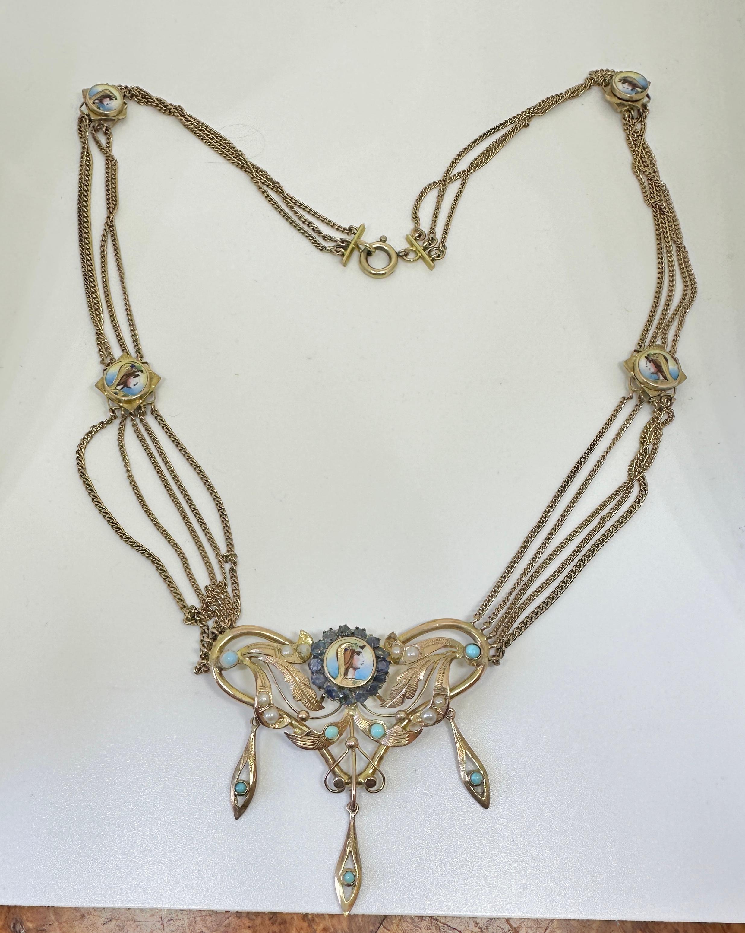 Antique Egyptian Revival Necklace Sapphire Turquoise Enamel Gold Pharoah Goddess For Sale 6