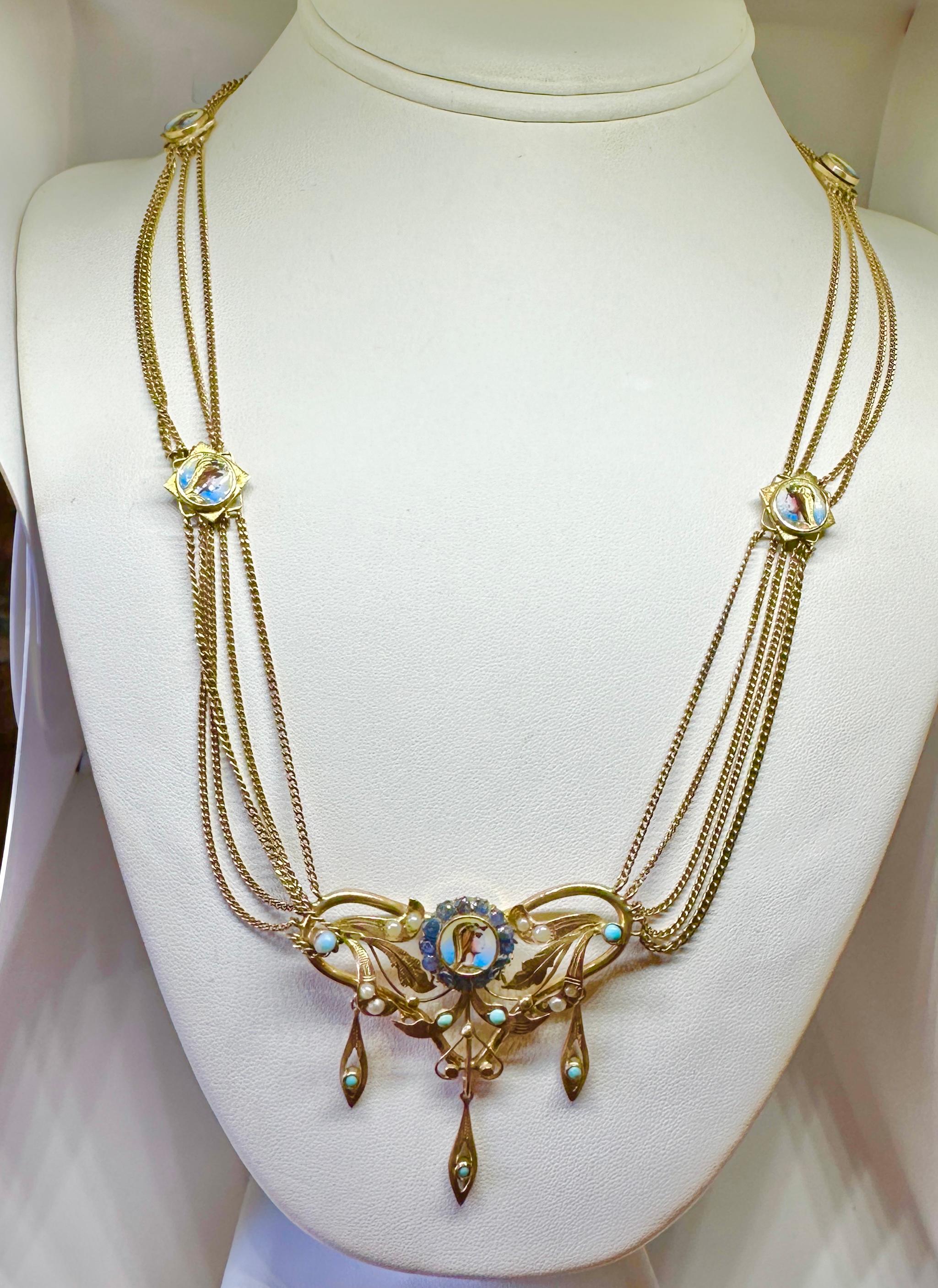 This is a very rare antique museum quality Egyptian Revival Necklace in Gold with Sapphires, Turquoise and Pearls with magnificent enamel work depicting images of the Pharoah or Goddess, or Nefertiti or Cleopatra.  The elegant four strand festoon