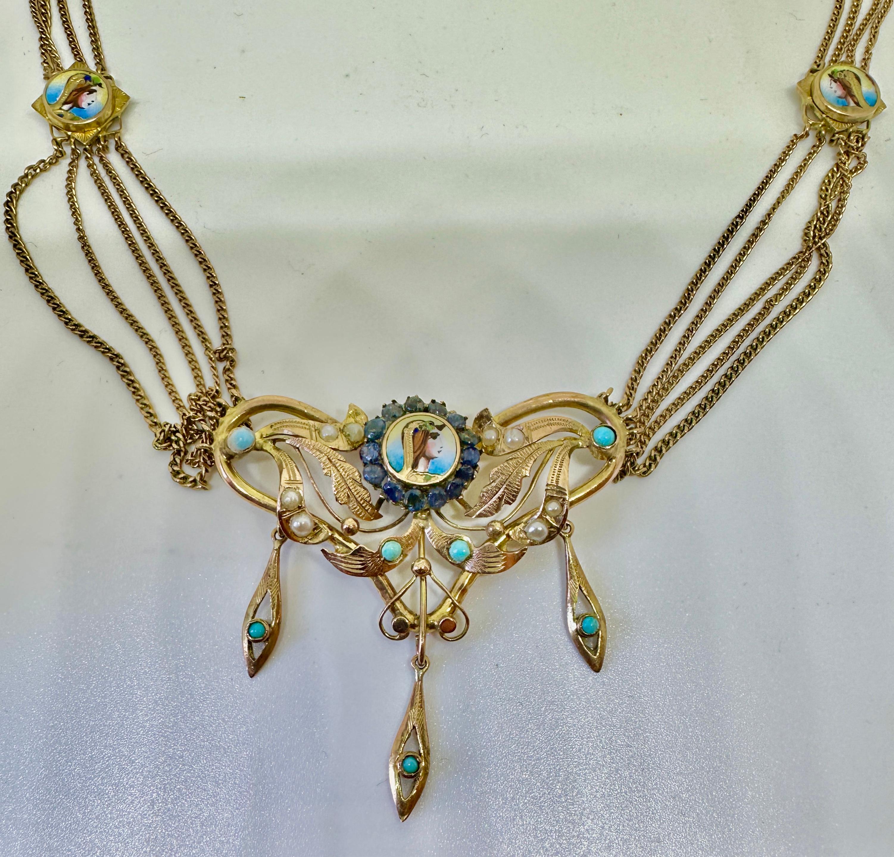 Round Cut Antique Egyptian Revival Necklace Sapphire Turquoise Enamel Gold Pharoah Goddess For Sale