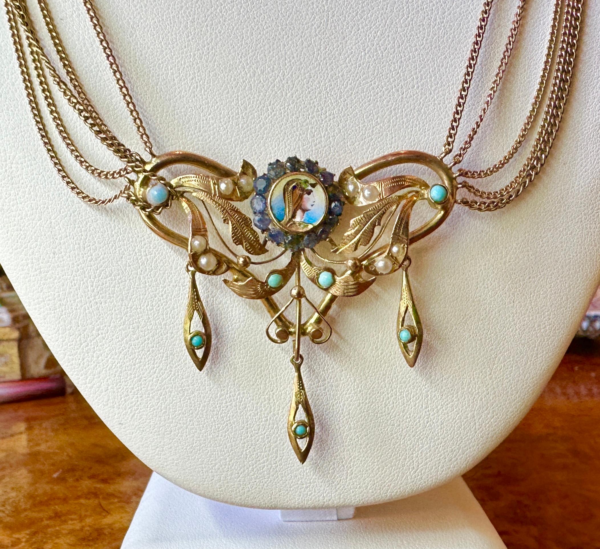 Women's or Men's Antique Egyptian Revival Necklace Sapphire Turquoise Enamel Gold Pharoah Goddess For Sale