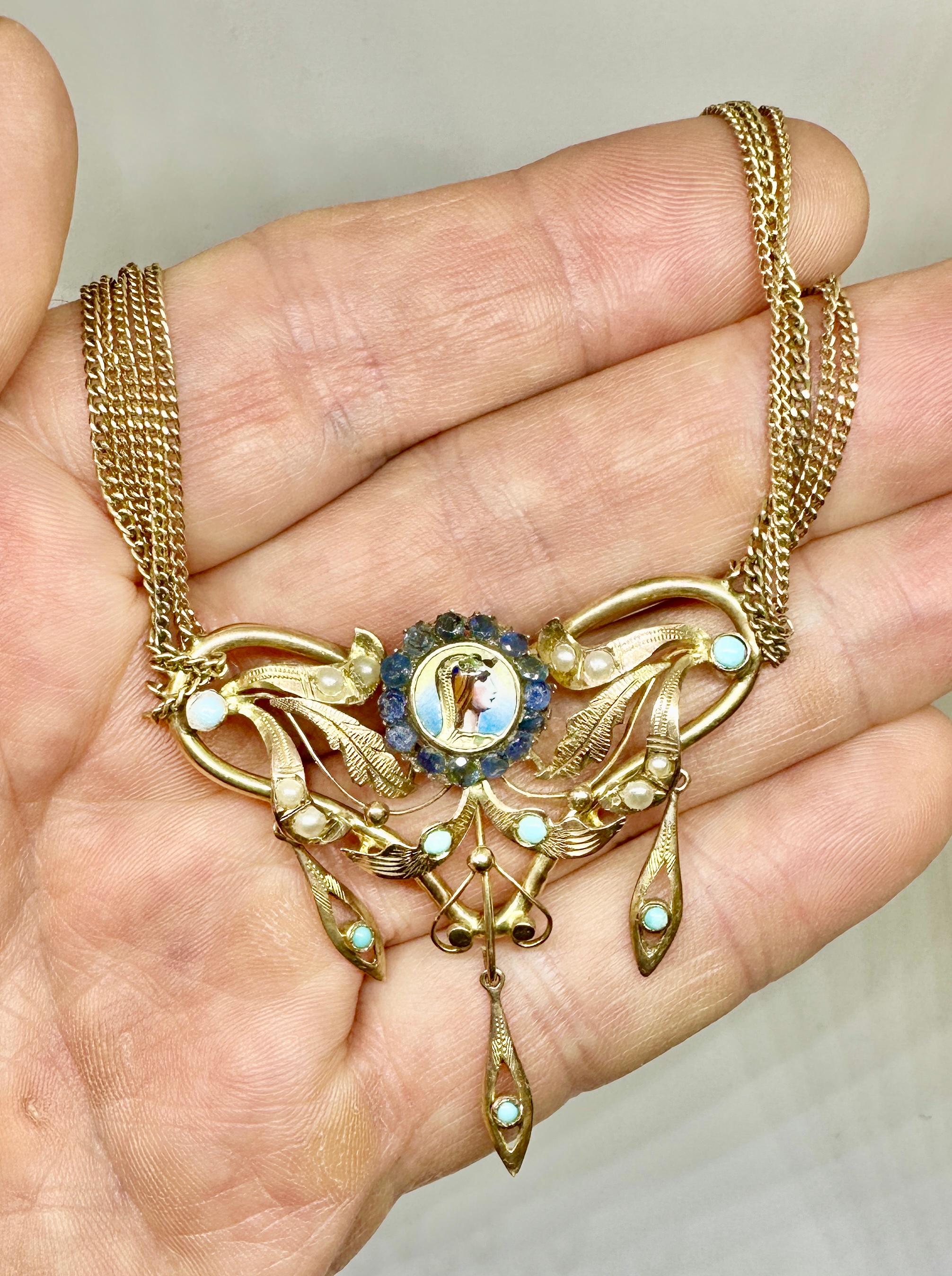 Antique Egyptian Revival Necklace Sapphire Turquoise Enamel Gold Pharoah Goddess For Sale 1