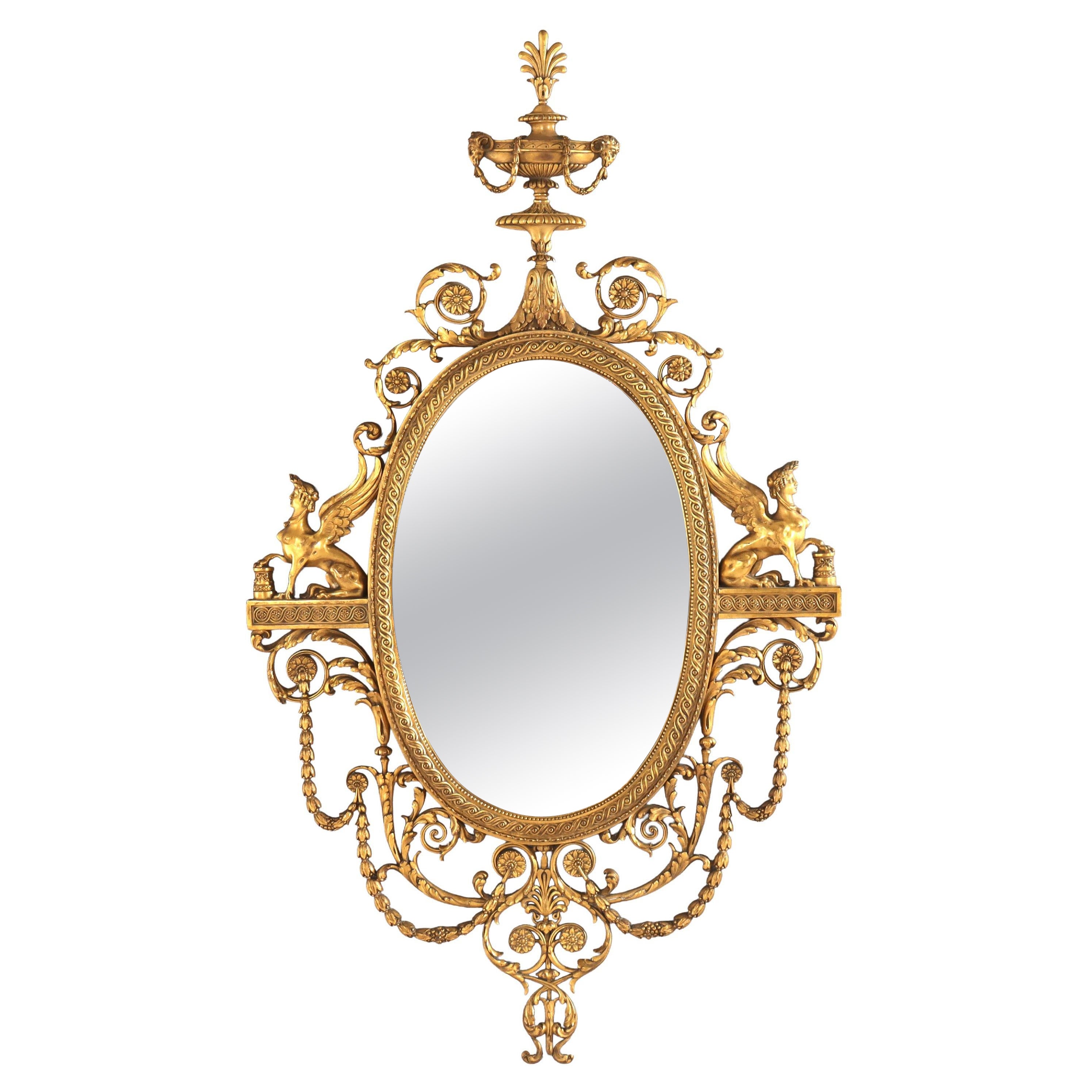Antique Egyptian Revival Neoclassical Gilt Bronze Sphin Wall Mirror c1890