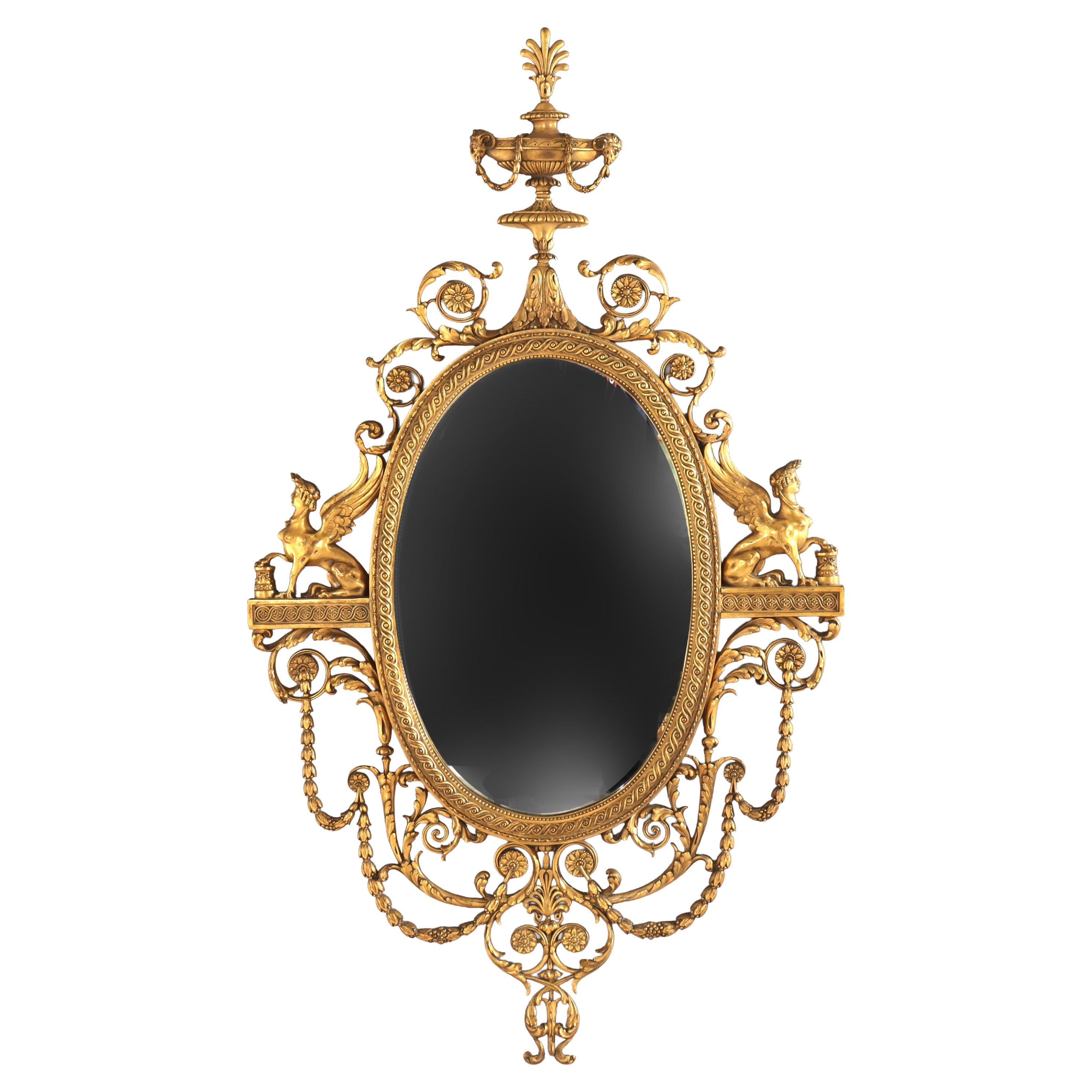 Antiguo Espejo de Pared de Esfinge de Bronce Dorado Neoclásico del Renacimiento Egipcio c1890 en venta