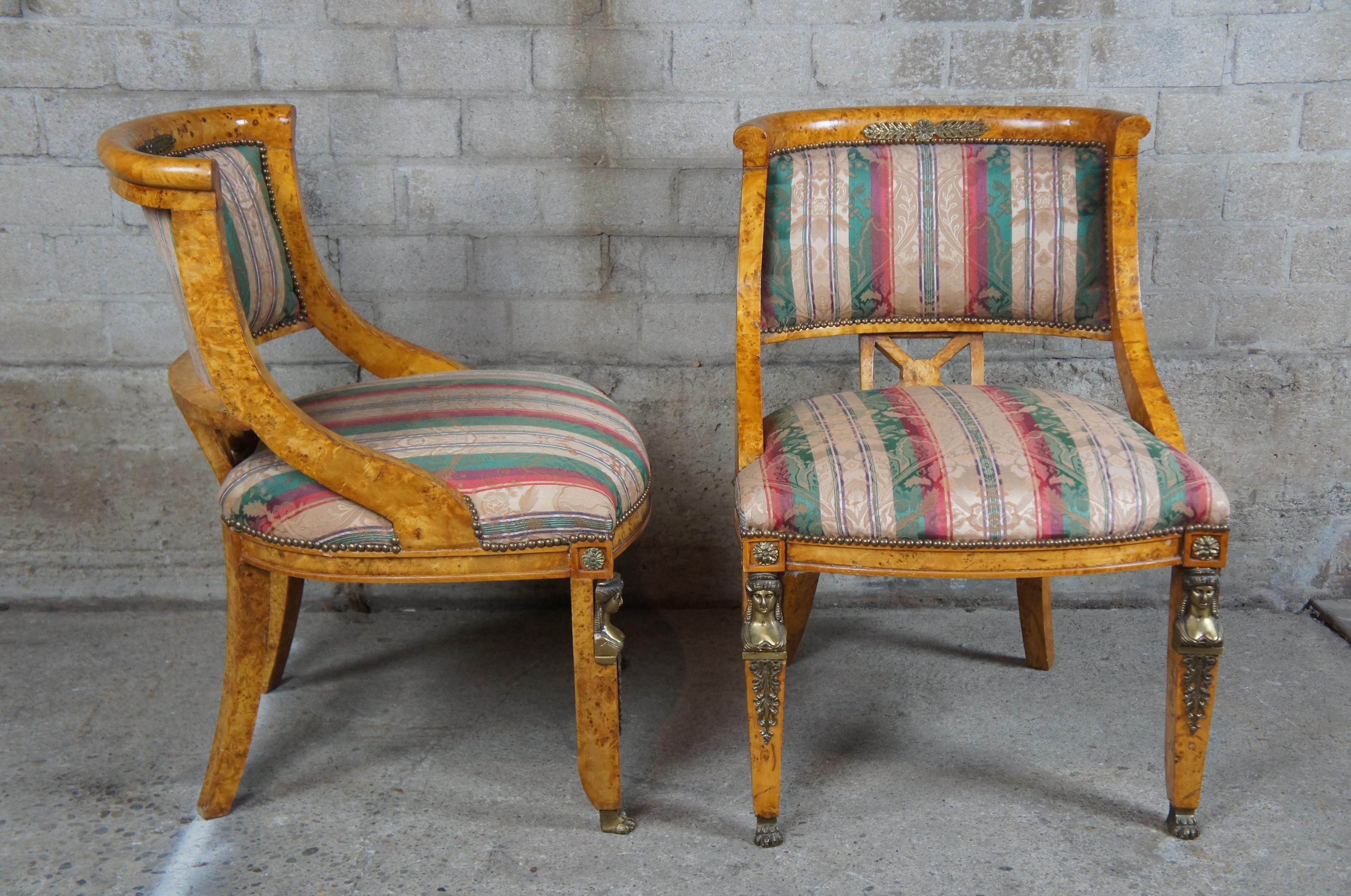 Upholstery Antique Egyptian Revival Olive Burlwood Parlor Library Side Chairs Neoclassical