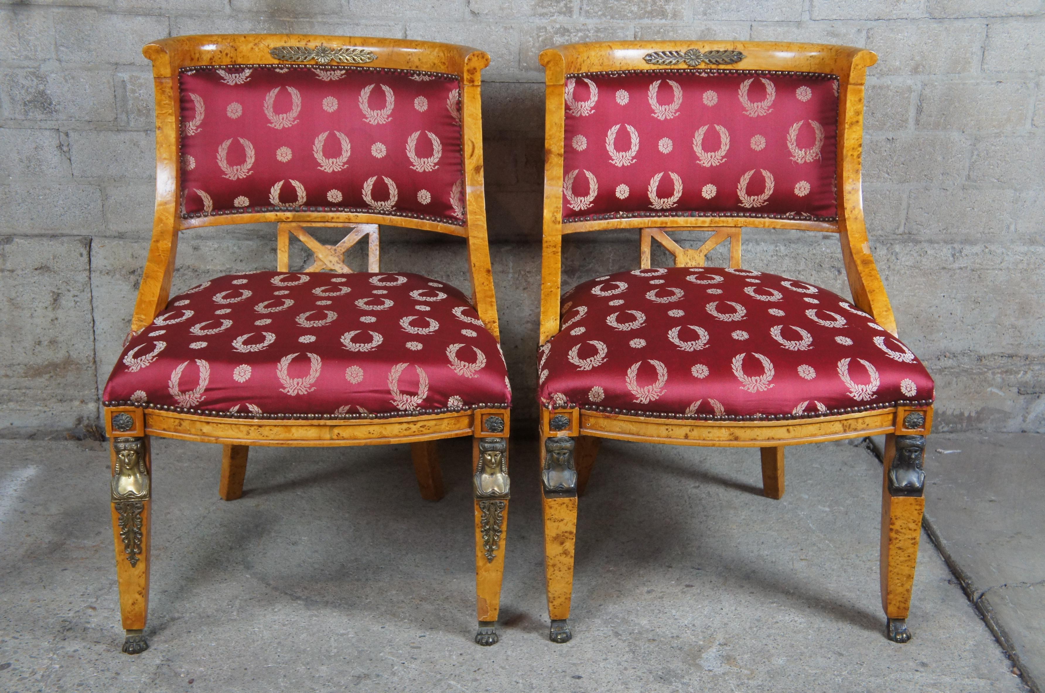 Egyptian Revival Antique Revival Olive Burlwood Parlor Set of 4 Chairs Settee Neoclassical