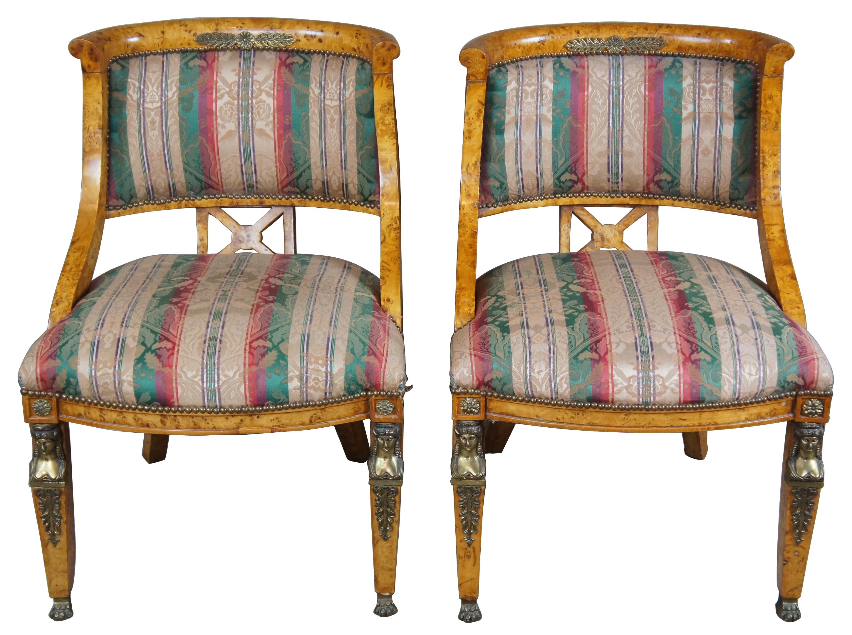 Antique Egyptian Revival Olive Burlwood Parlor Set Chairs Settee Neoclassical In Good Condition In Dayton, OH