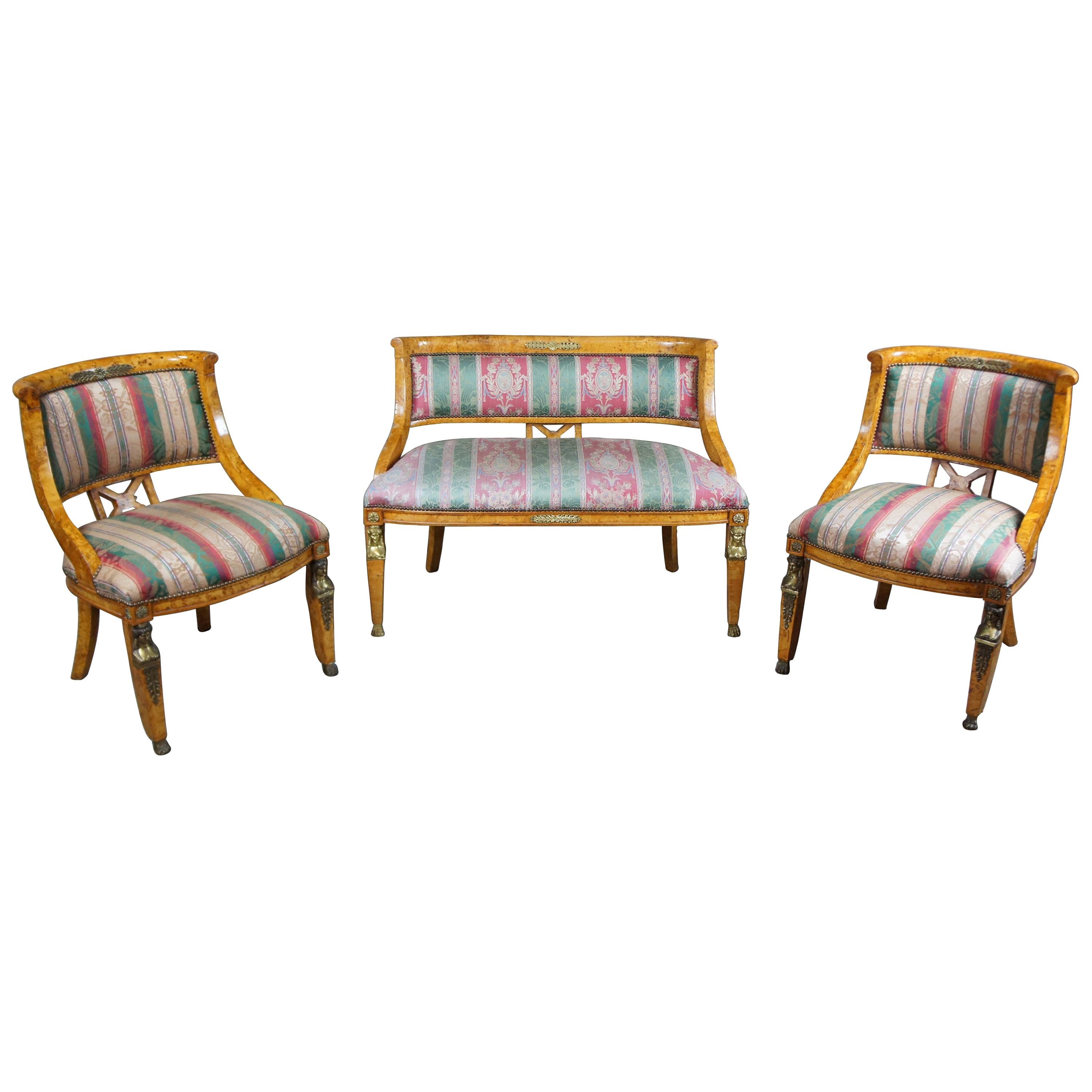 Antique Egyptian Revival Olive Burlwood Parlor Set Chairs Settee Neoclassical