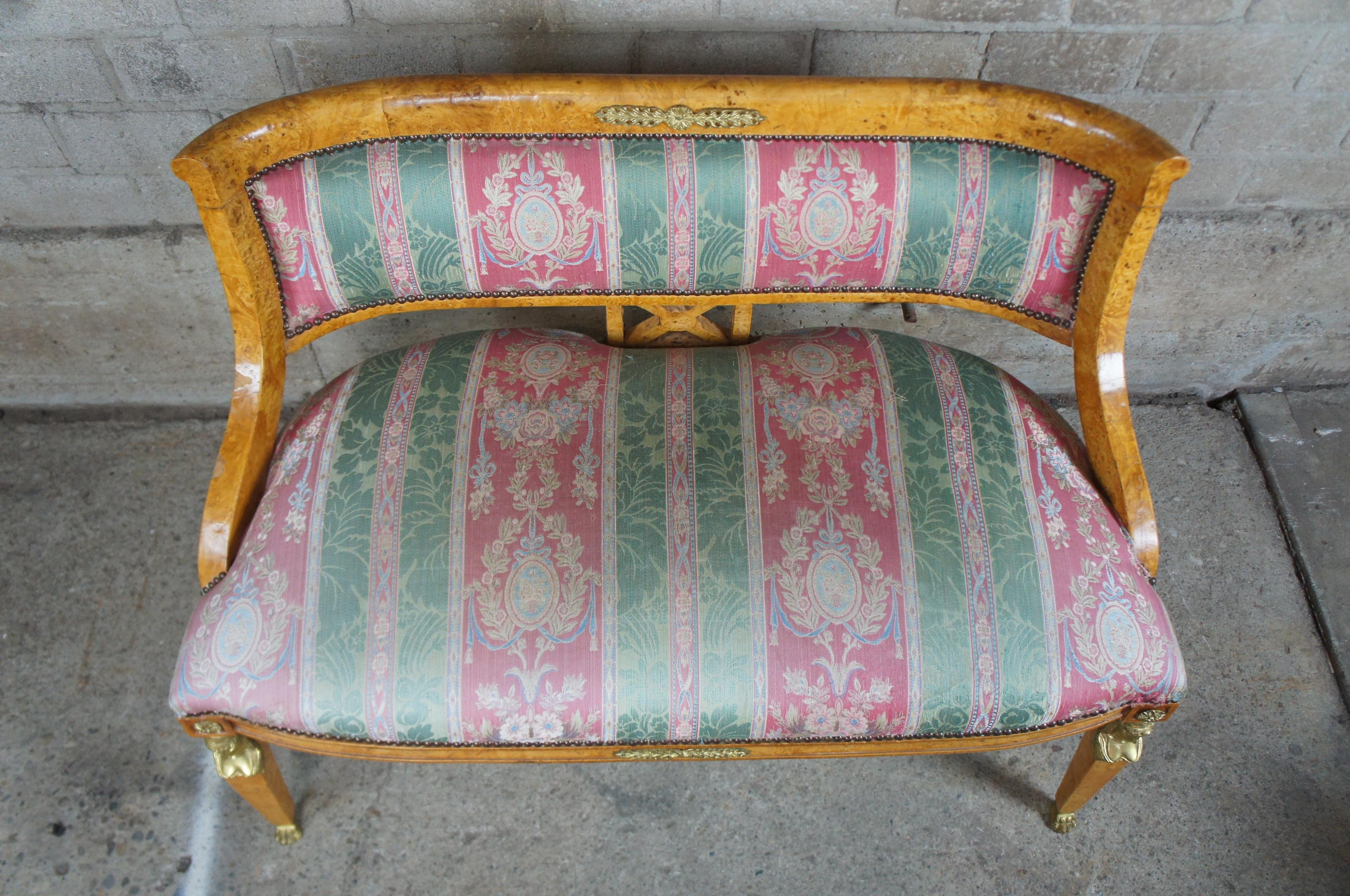 Antique Egyptian Revival Olive Burlwood Parlor Settee Bench Neoclassical In Good Condition In Dayton, OH