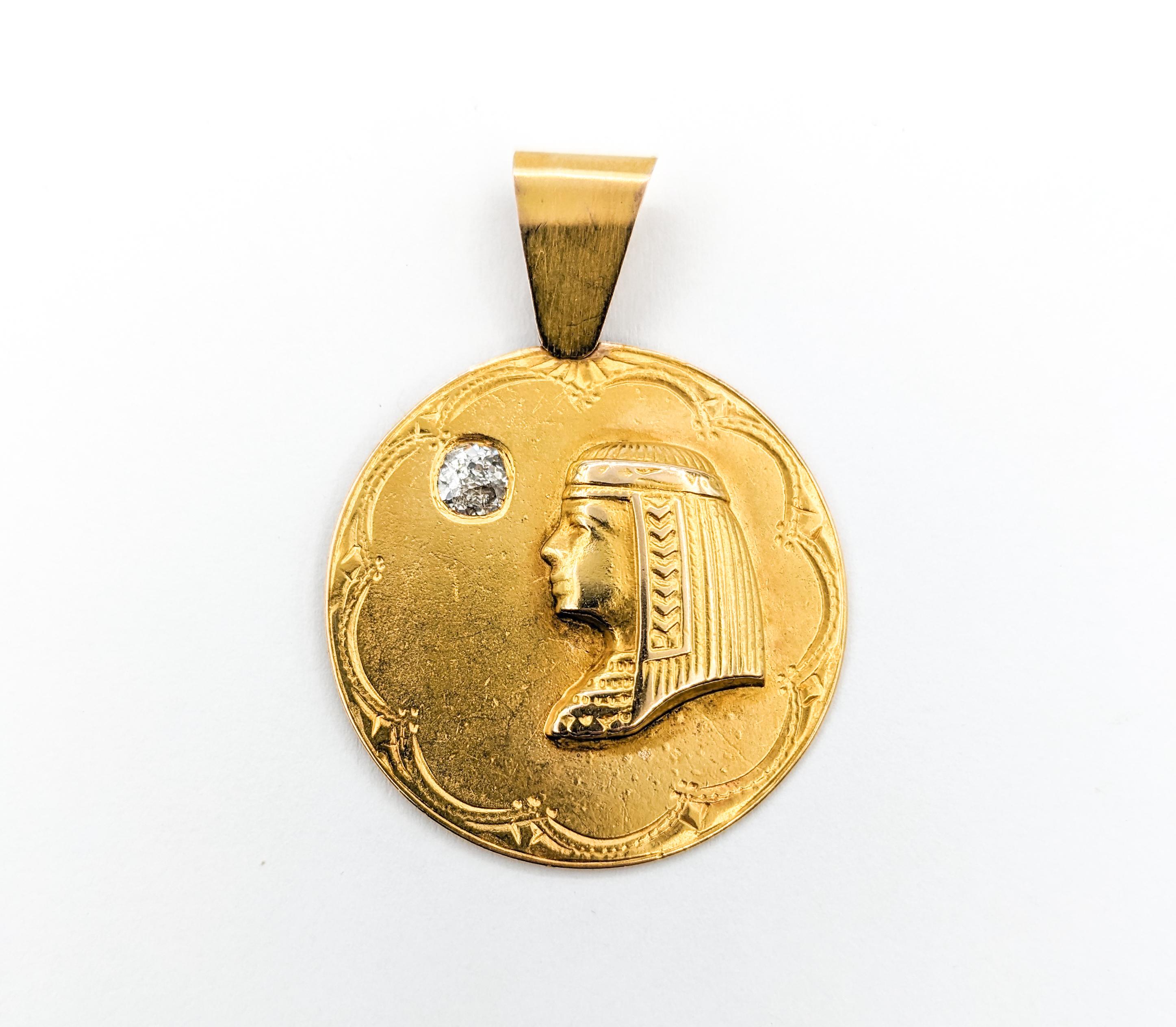 Art Deco Antique Egyptian Revival Pharaoh Diamond Medallion Pendant In Yellow Gold For Sale
