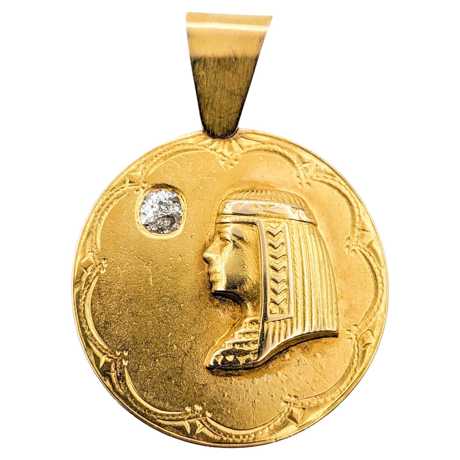 Antique Egyptian Revival Pharaoh Diamond Medallion Pendant In Yellow Gold For Sale