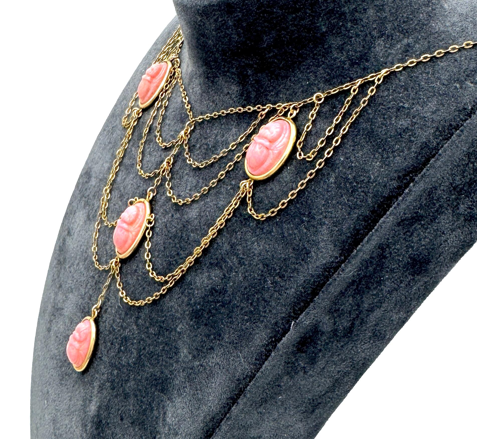 Antique Egyptian Revival Scarab Festoon Necklace Pink Glass Gilt Metal In Good Condition For Sale In Munich, Bavaria