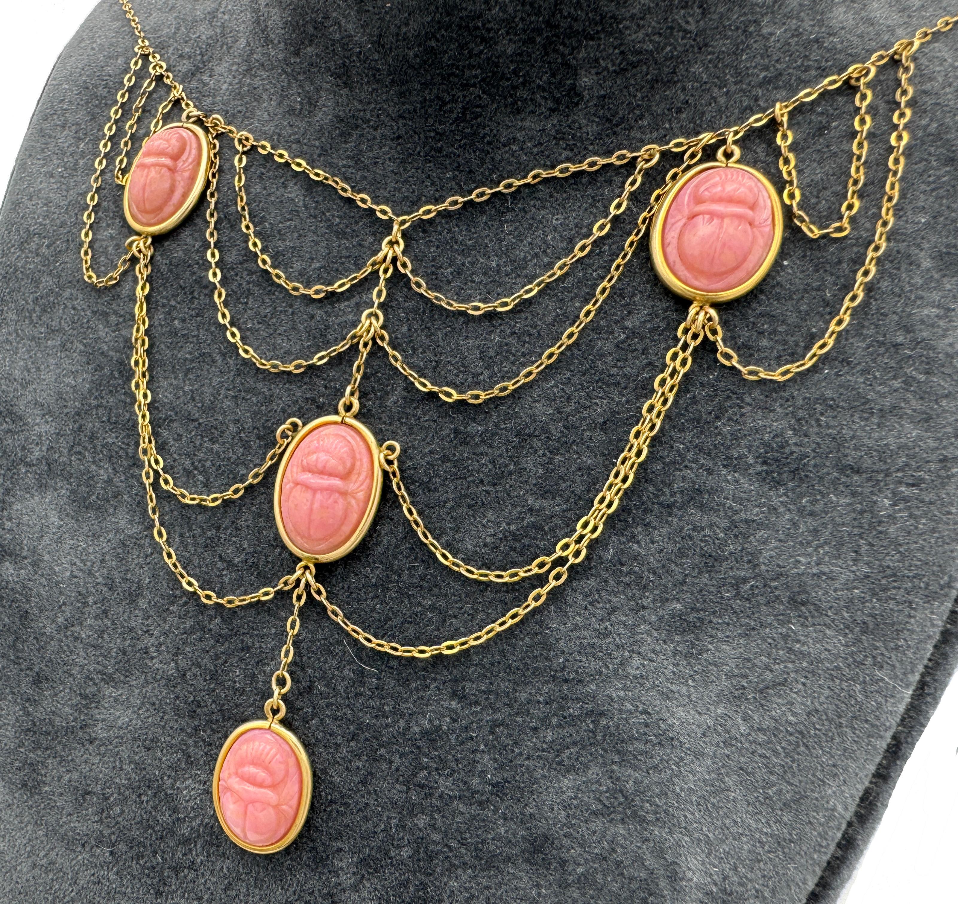 Women's Antique Egyptian Revival Scarab Festoon Necklace Pink Glass Gilt Metal For Sale