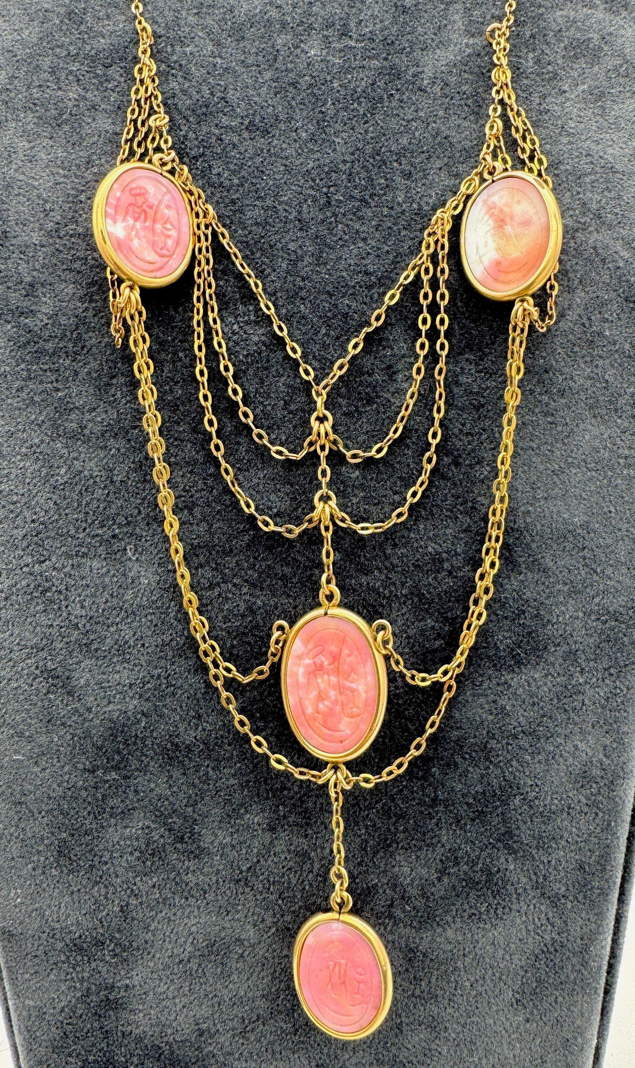 Antique Egyptian Revival Scarab Festoon Necklace Pink Glass Gilt Metal For Sale 1