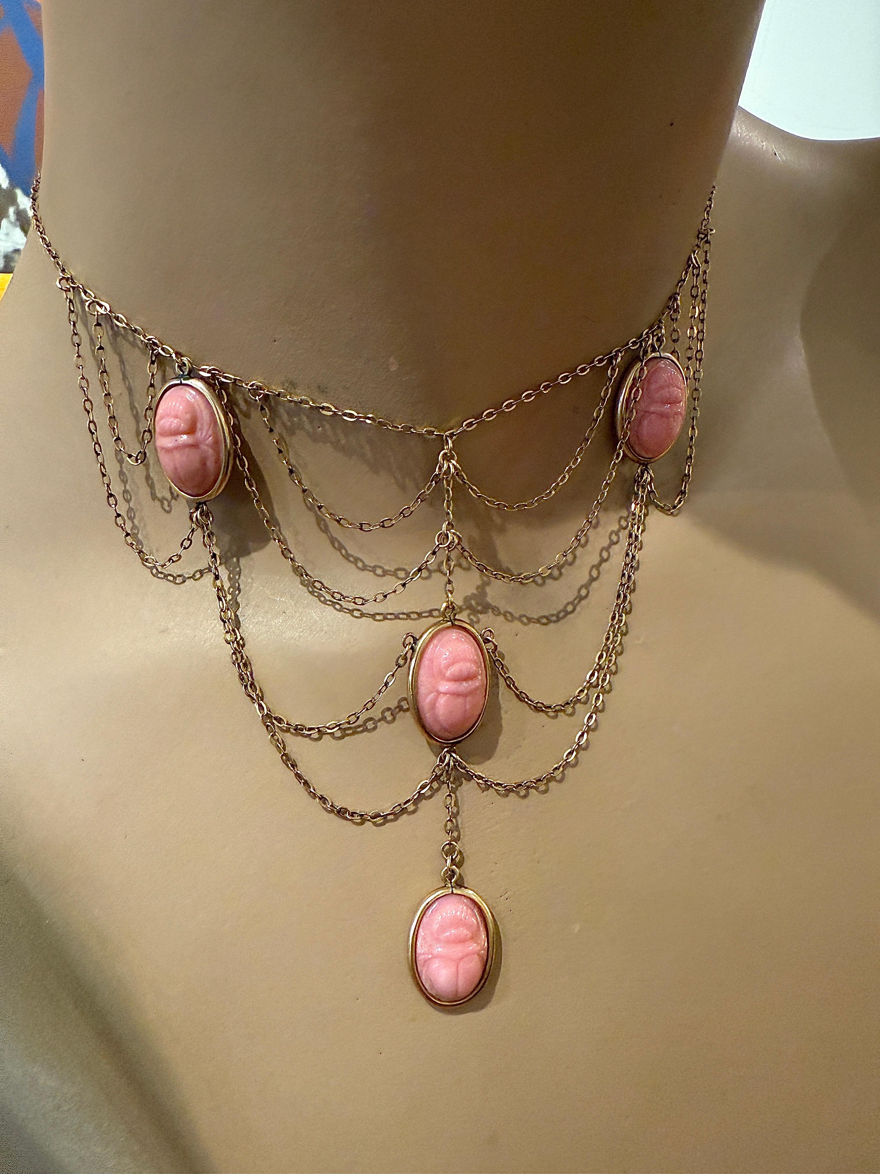 Antique Egyptian Revival Scarab Festoon Necklace Pink Glass Gilt Metal For Sale 2